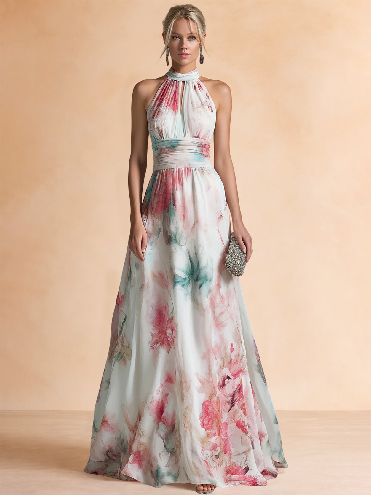 Liserie Chiffon Floral Print Halter Formal Maxi Dress