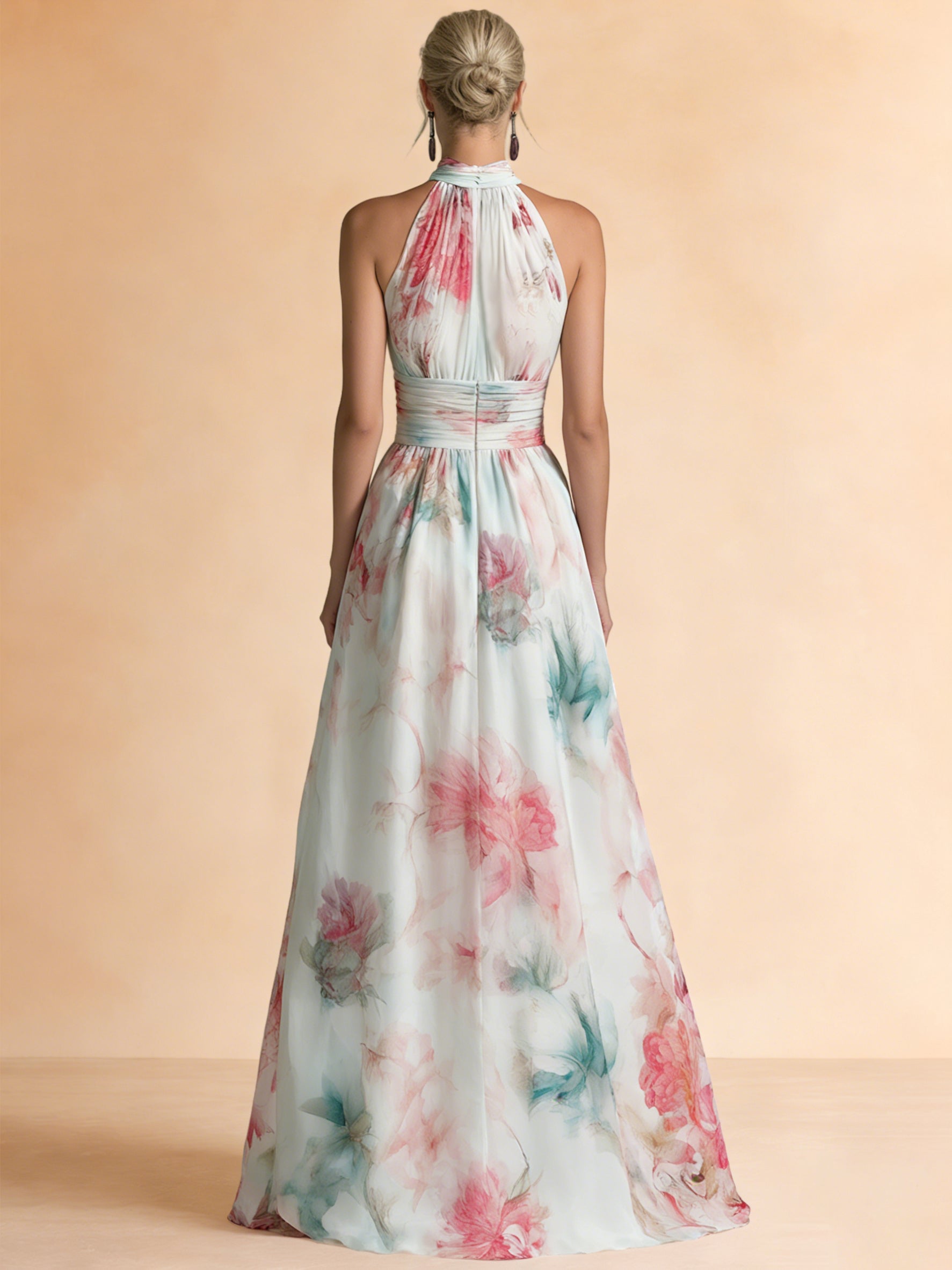 Liserie Chiffon Floral Print Halter Formal Maxi Dress