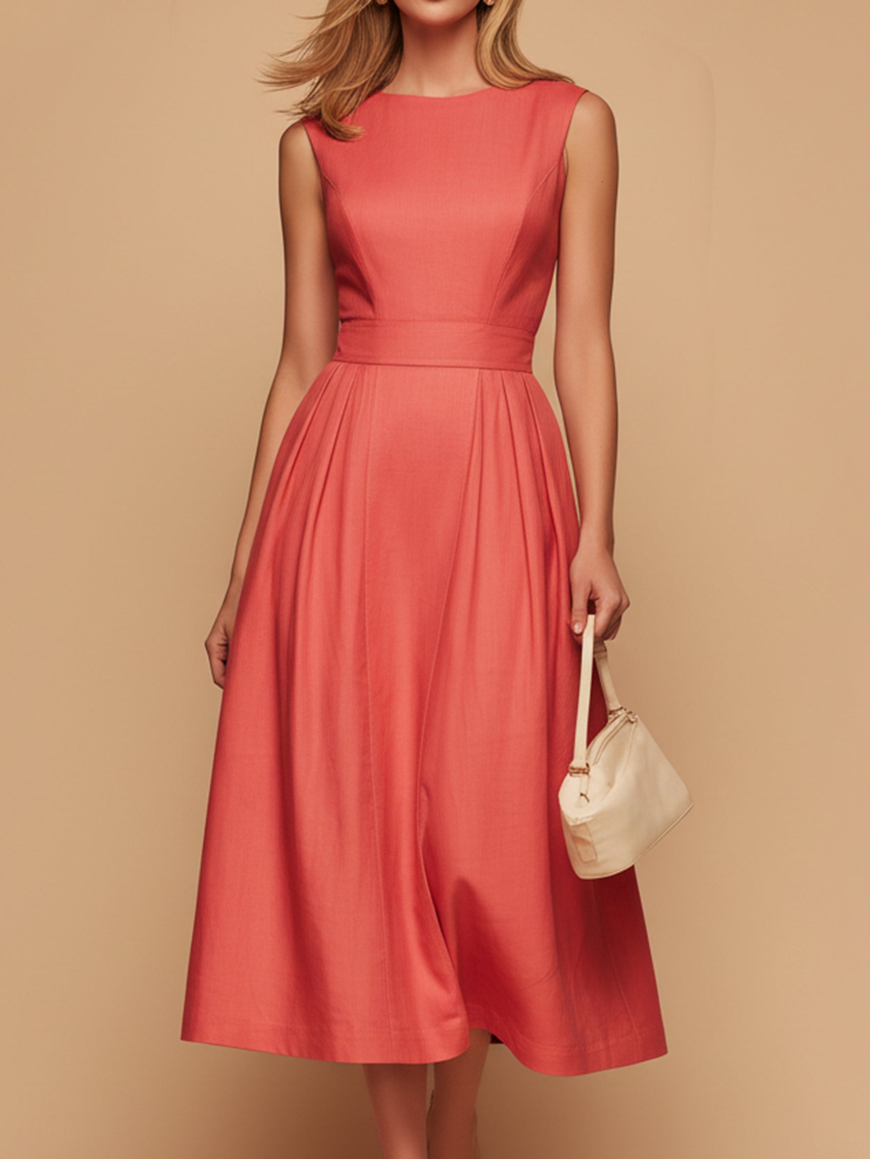 Liserie Cotton Boat Neck Sleeveless Workwear Midi Dress