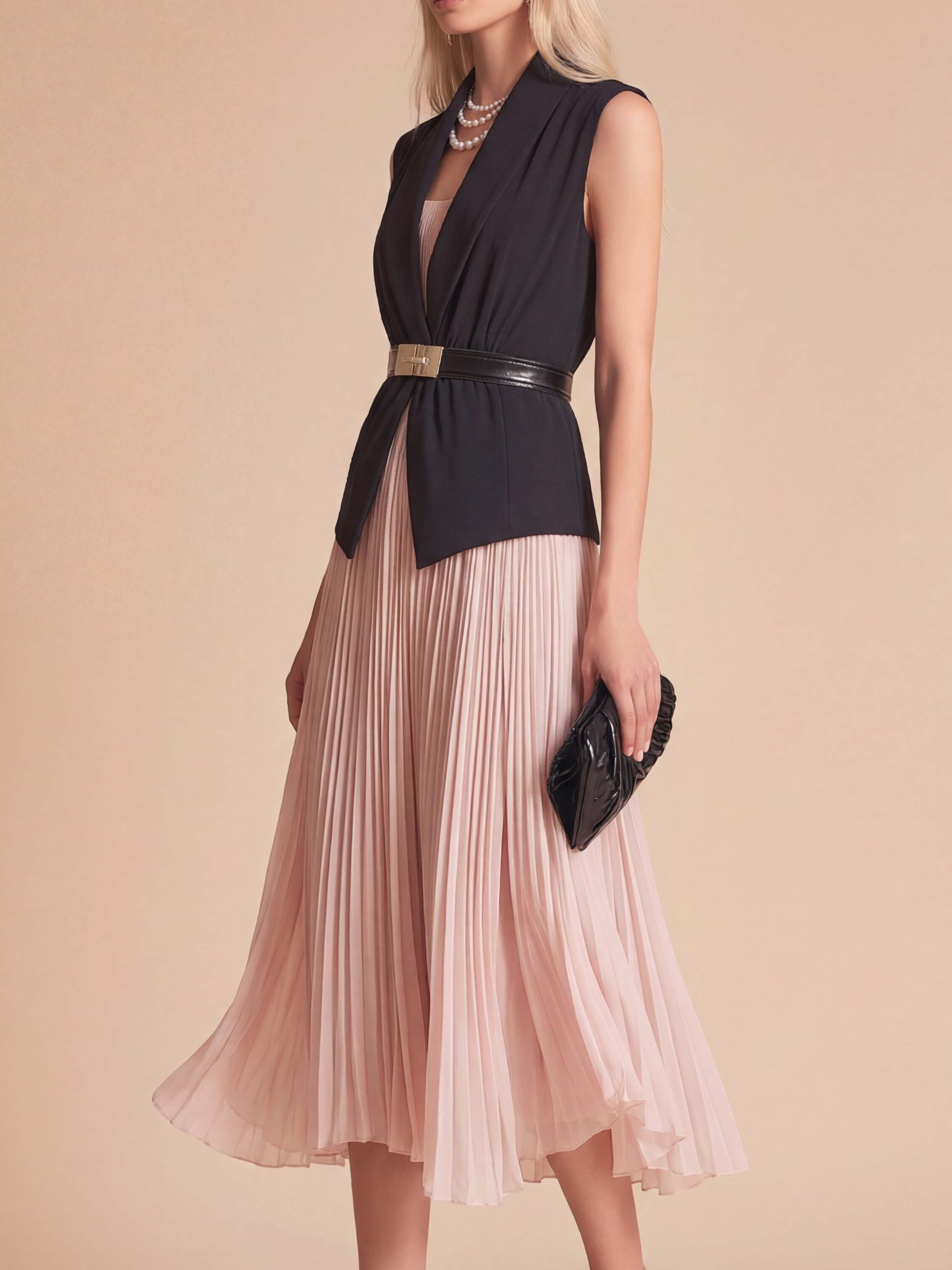 Liserie Sleeveless Blazer & Pleated Chiffon Midi Dress Set