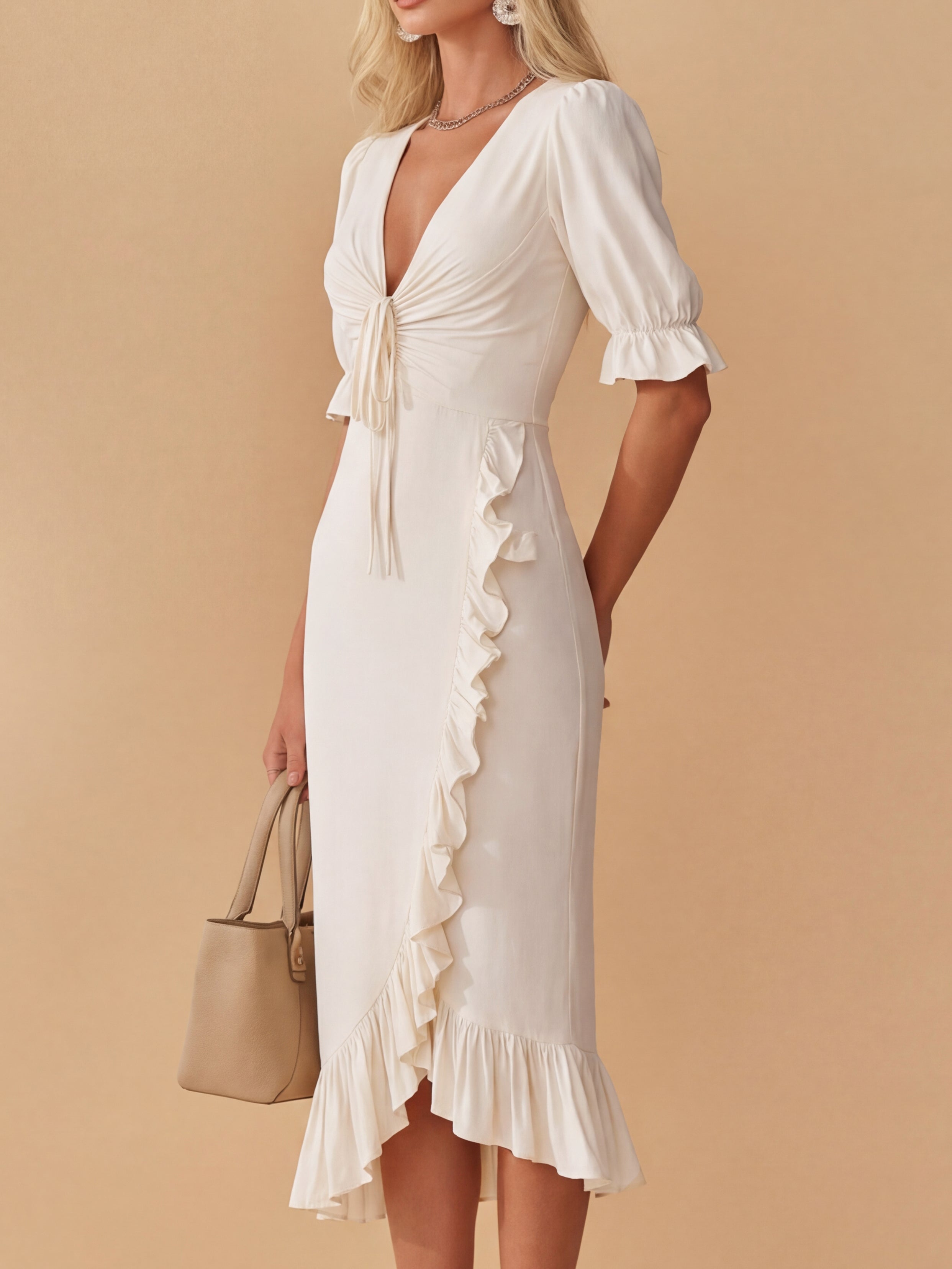 Liserie Stretch Deep V Puff Sleeve Casual Midi Dress