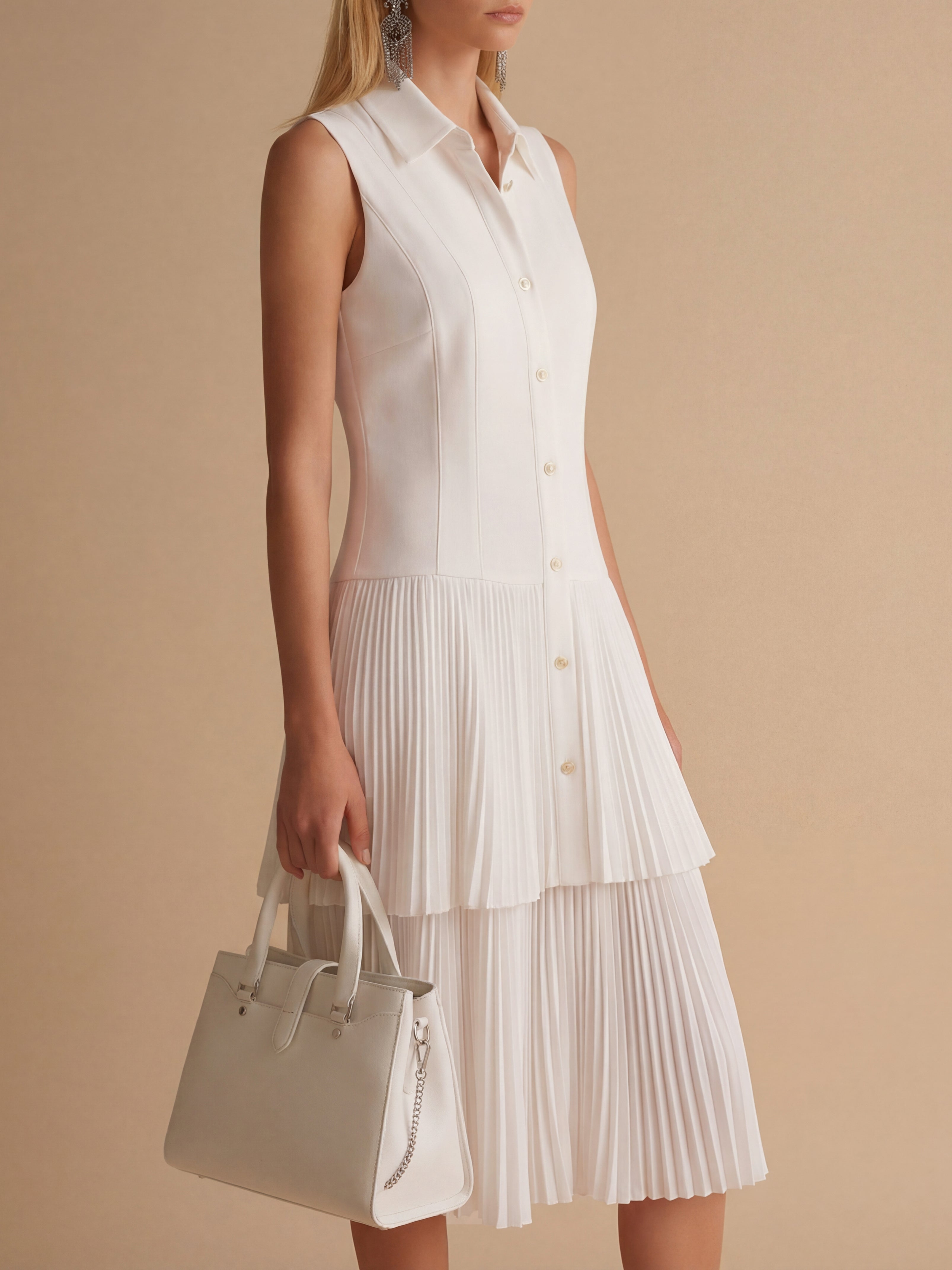 LiserieTimeless White Sleeveless Pleated Midi Dress