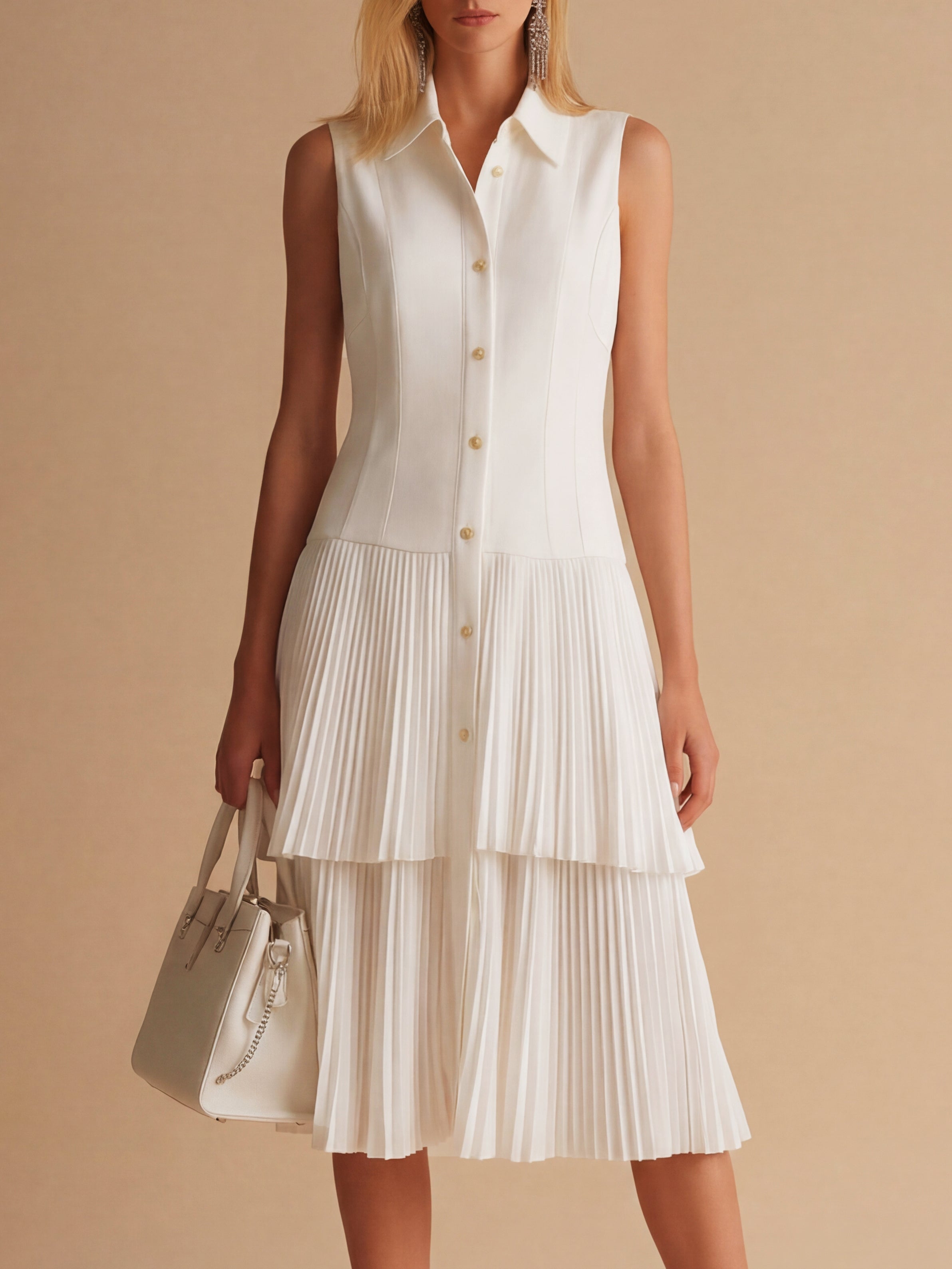 LiserieTimeless White Sleeveless Pleated Midi Dress