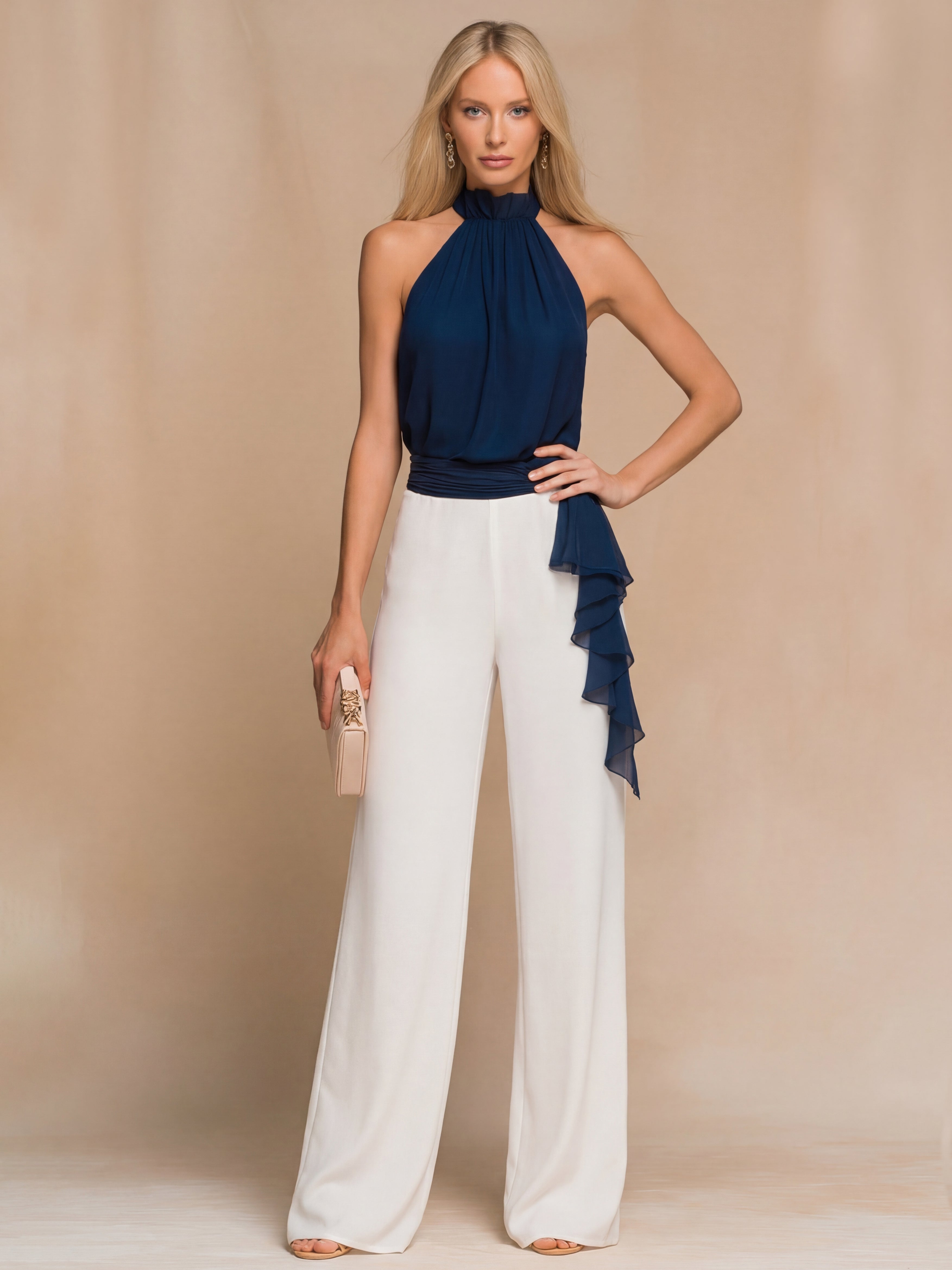 Liserie Chiffon Halter Neck Ruffle Top &Wide Leg Pant Set