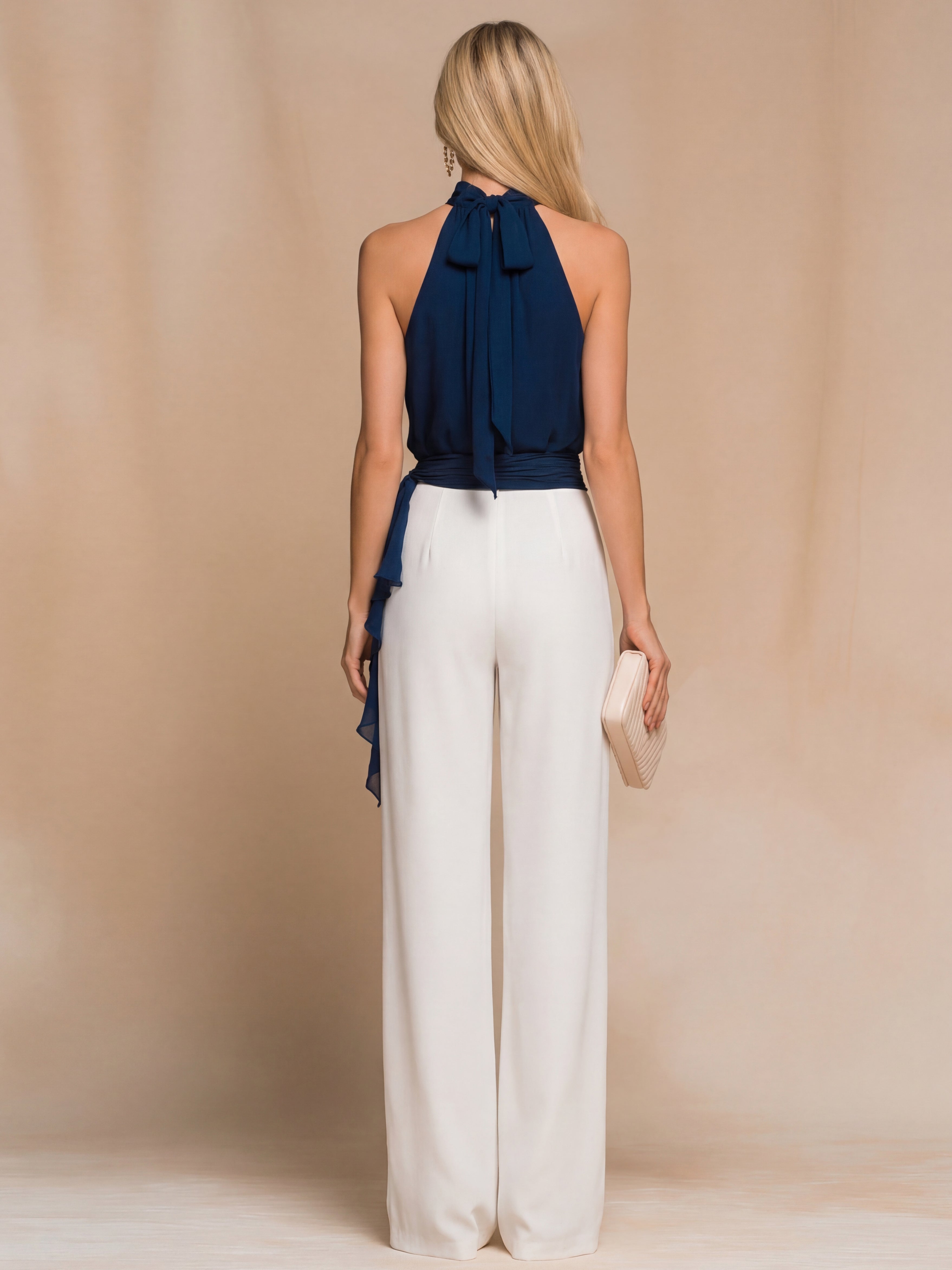 Liserie Chiffon Halter Neck Ruffle Top &Wide Leg Pant Set