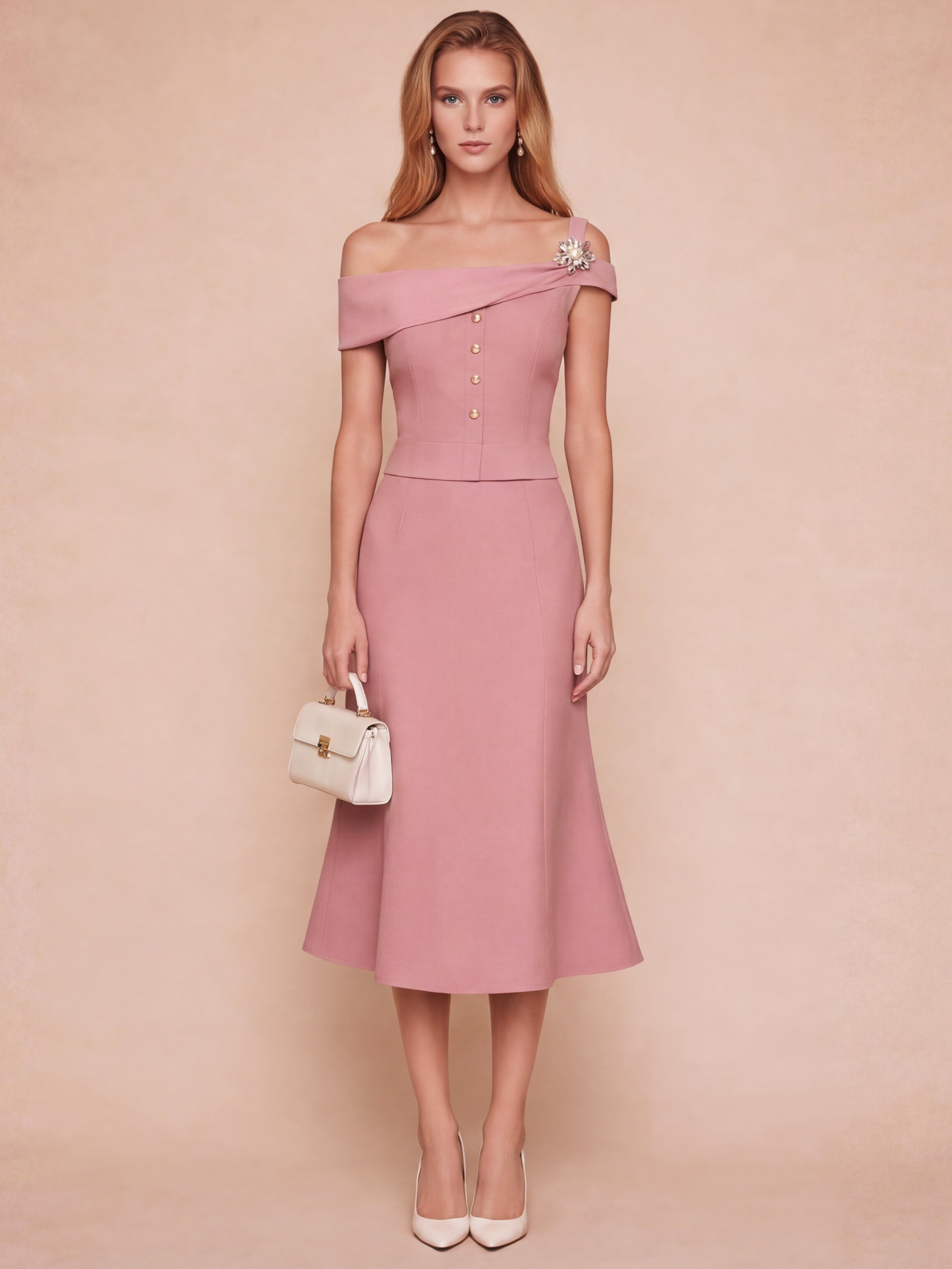 Liserie Tailored Off-Shoulder Top & Midi Skirt Set