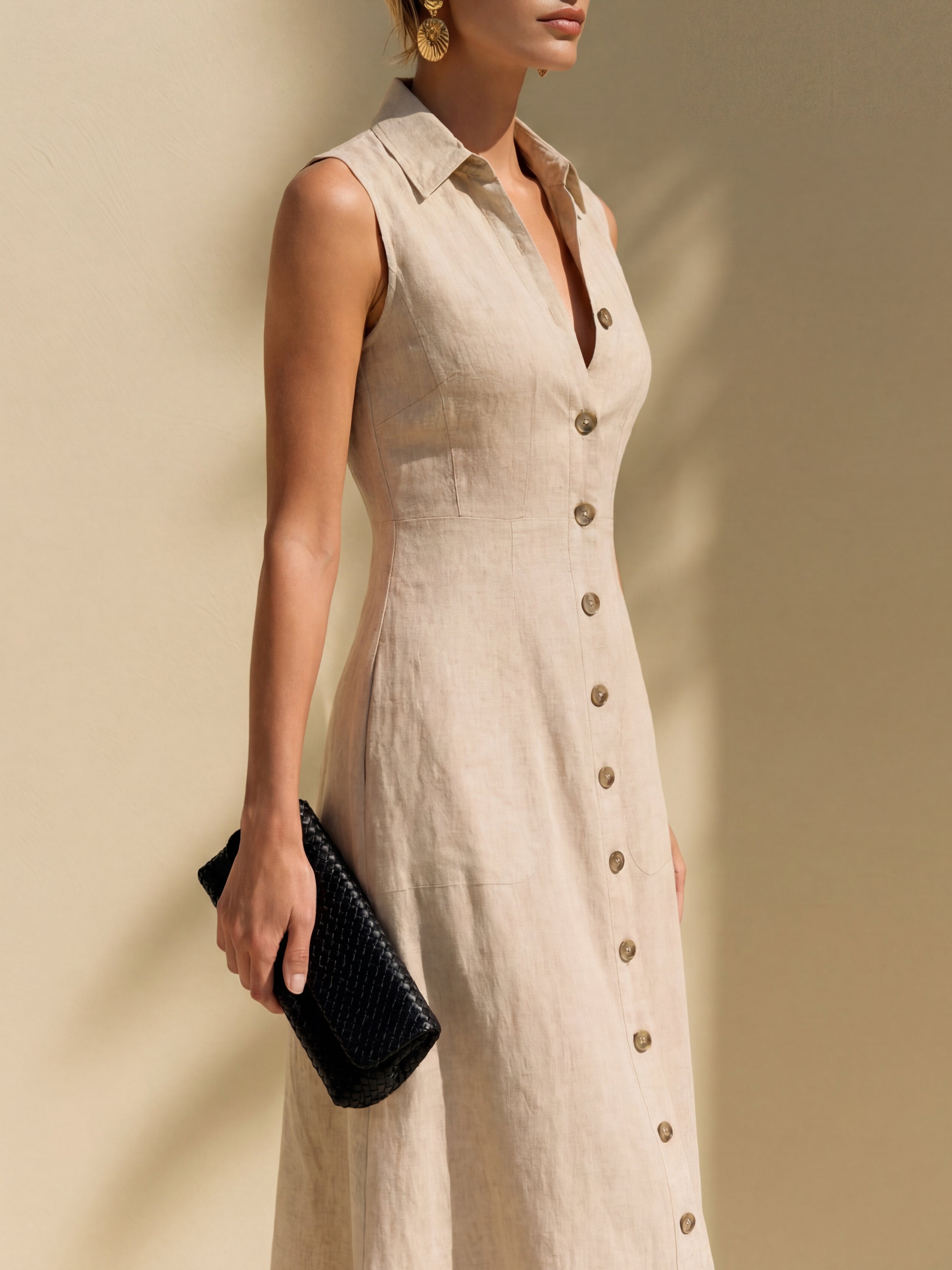 Liserie Cotton Linen Tailored Sleeveless Shirt Midi Dress