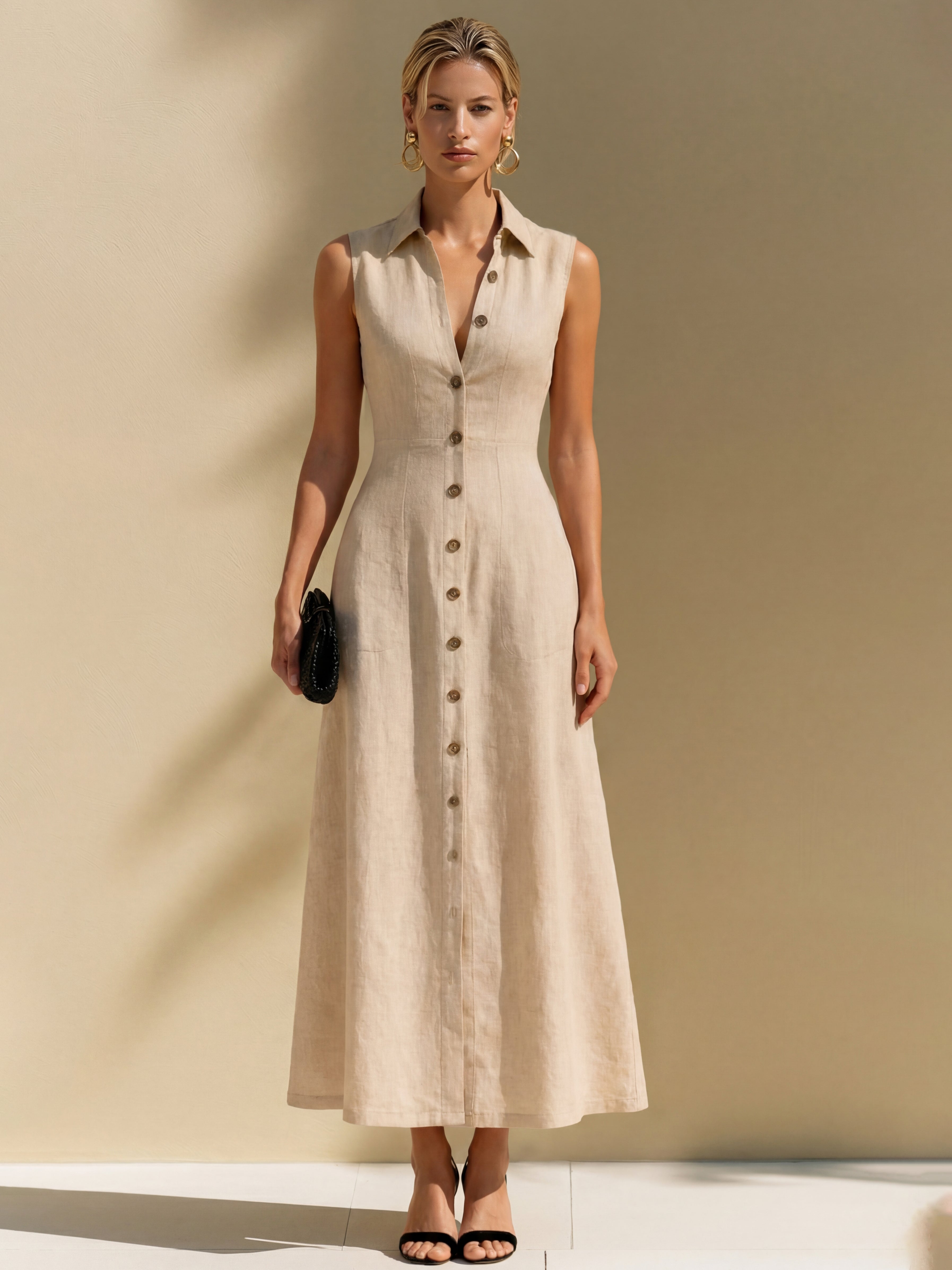 Liserie Cotton Linen Tailored Sleeveless Shirt Midi Dress