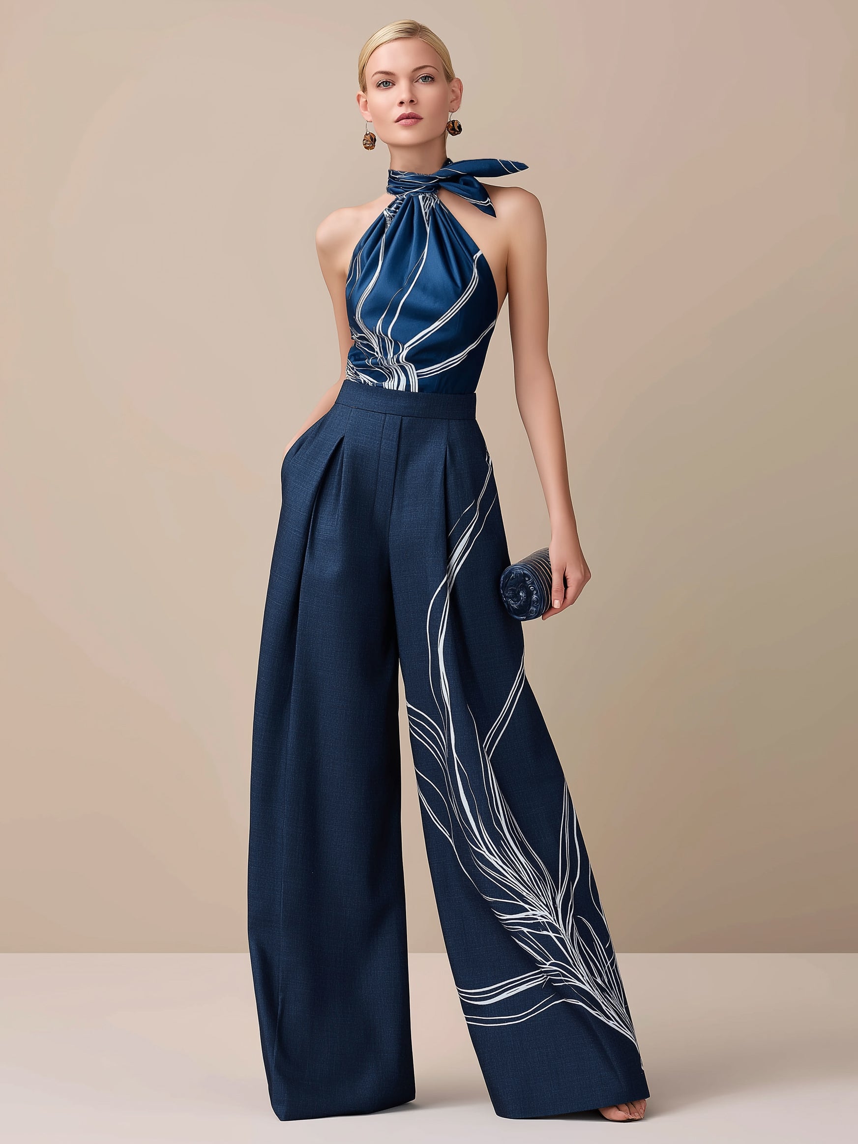 Liserie Satin Halter Blouse & Linen Wide Leg Trousers Set