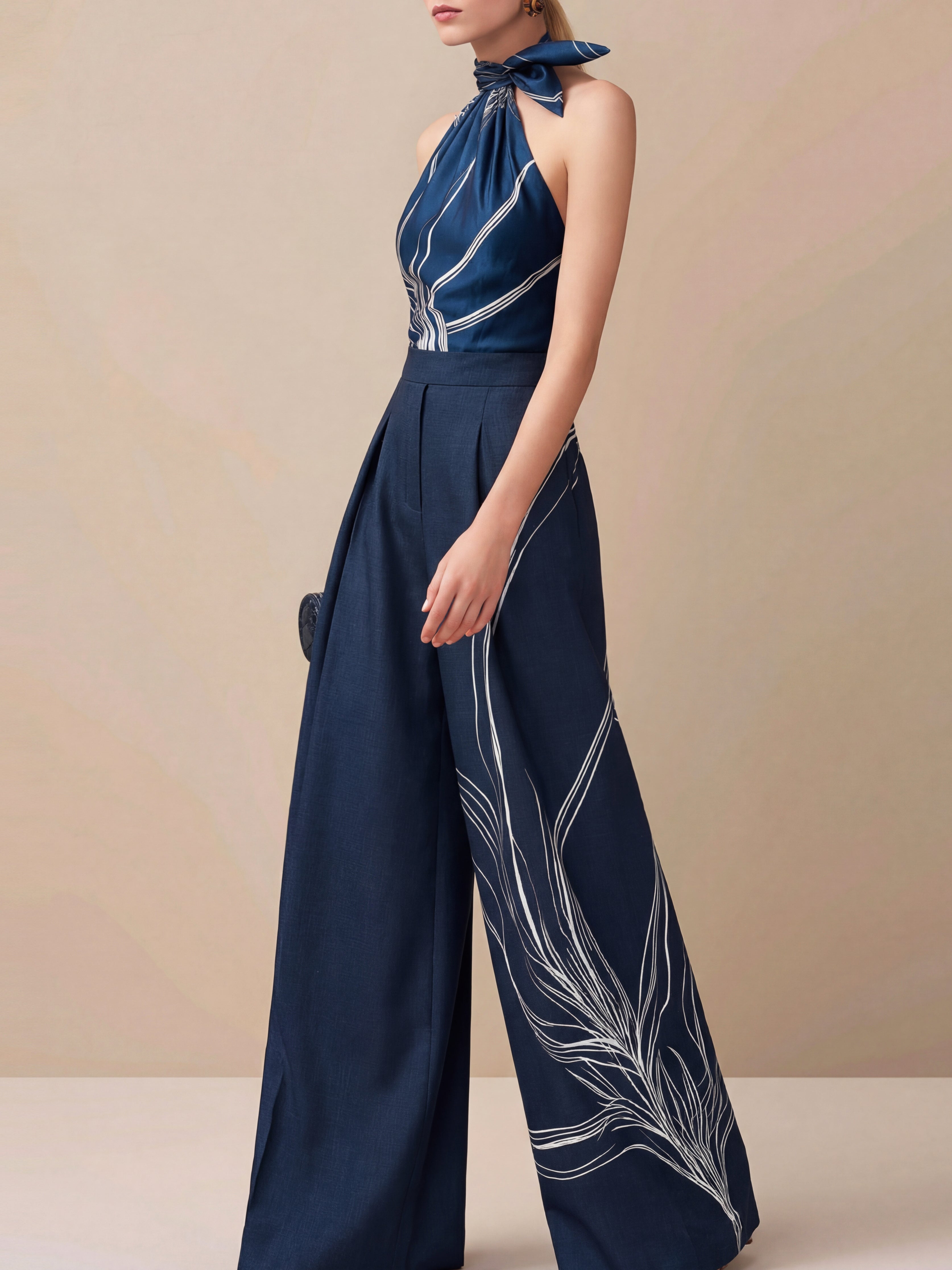 Liserie Satin Halter Blouse & Linen Wide Leg Trousers Set