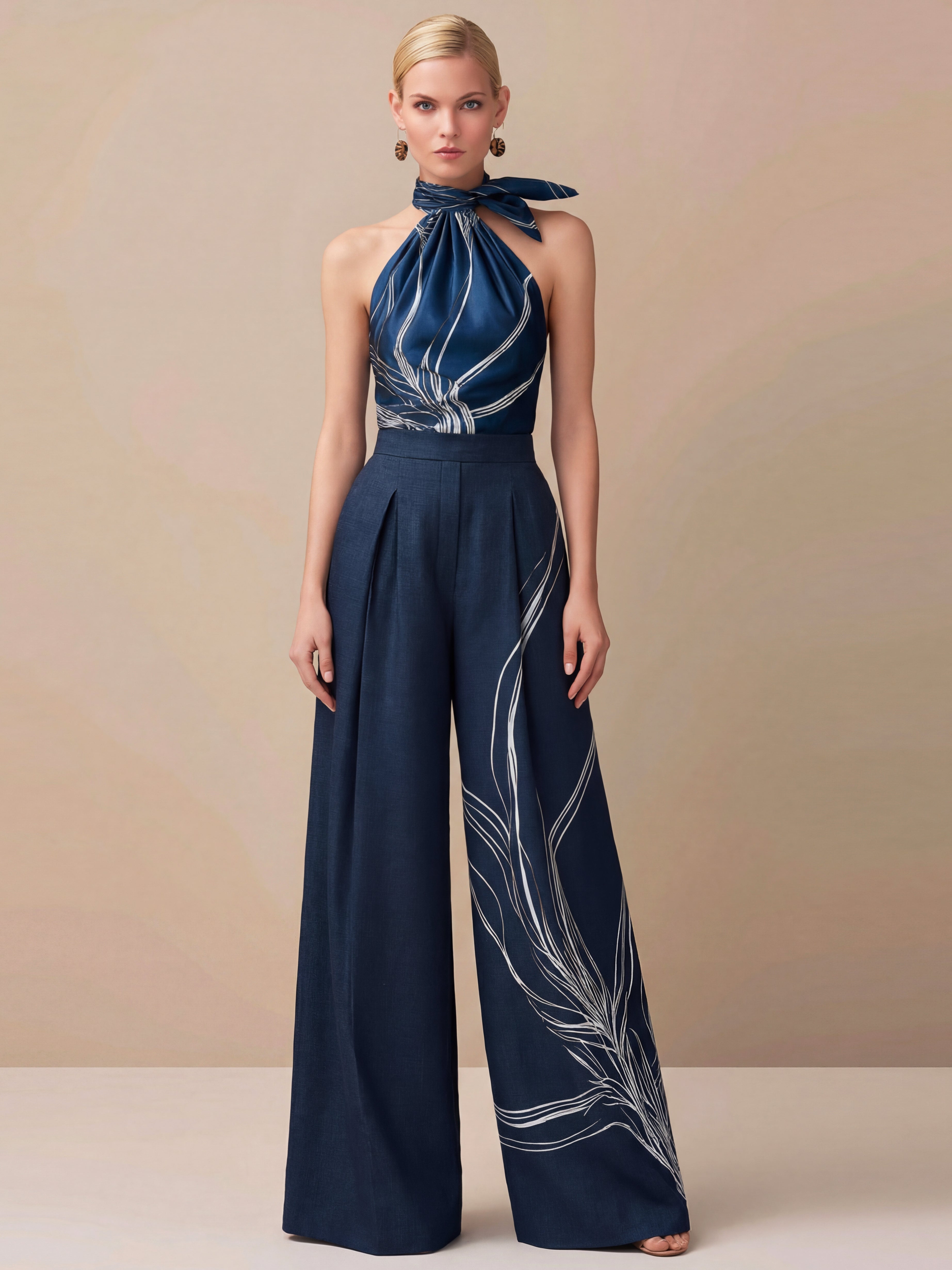 Liserie Satin Halter Blouse & Linen Wide Leg Trousers Set