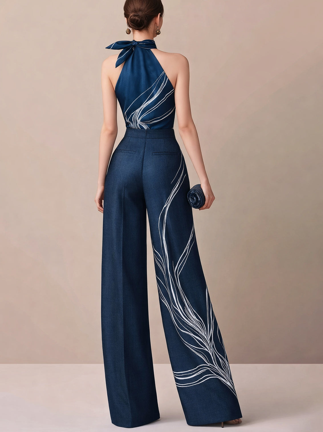 Liserie Satin Halter Blouse & Linen Wide Leg Trousers Set