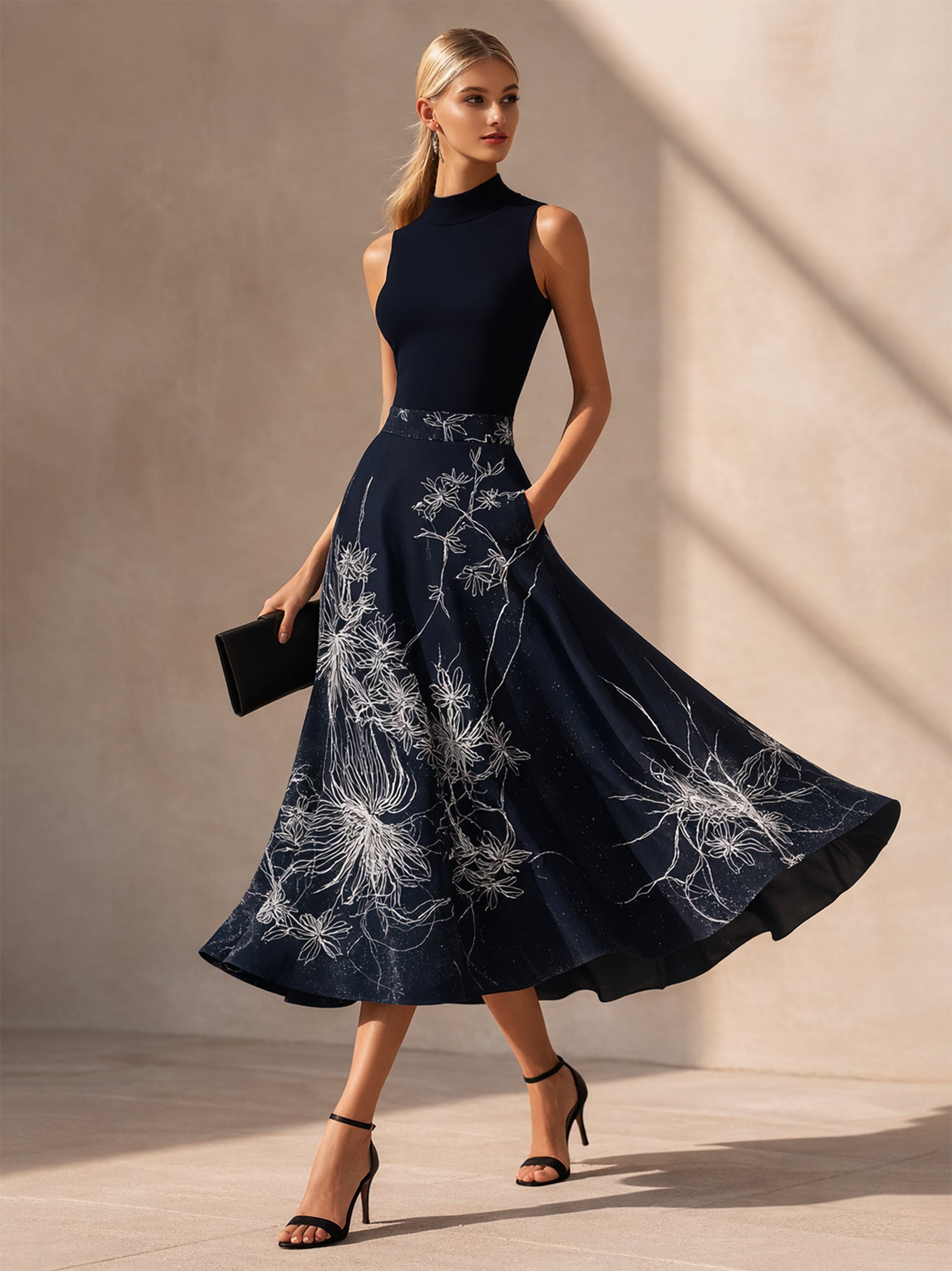 Liserie Linen Contrast High-Neck Sleeveless Midi Dress