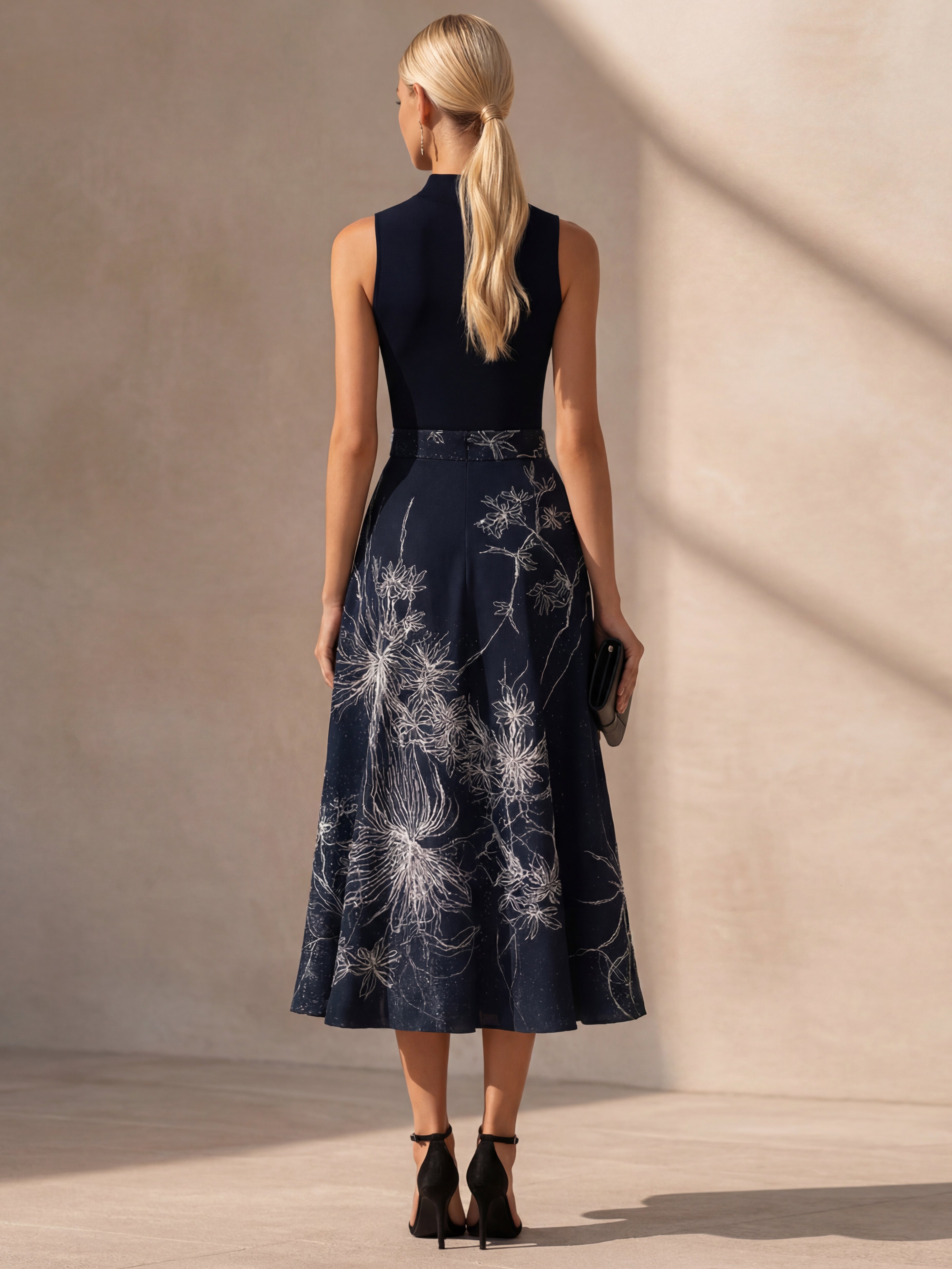 Liserie Linen Contrast High-Neck Sleeveless Midi Dress