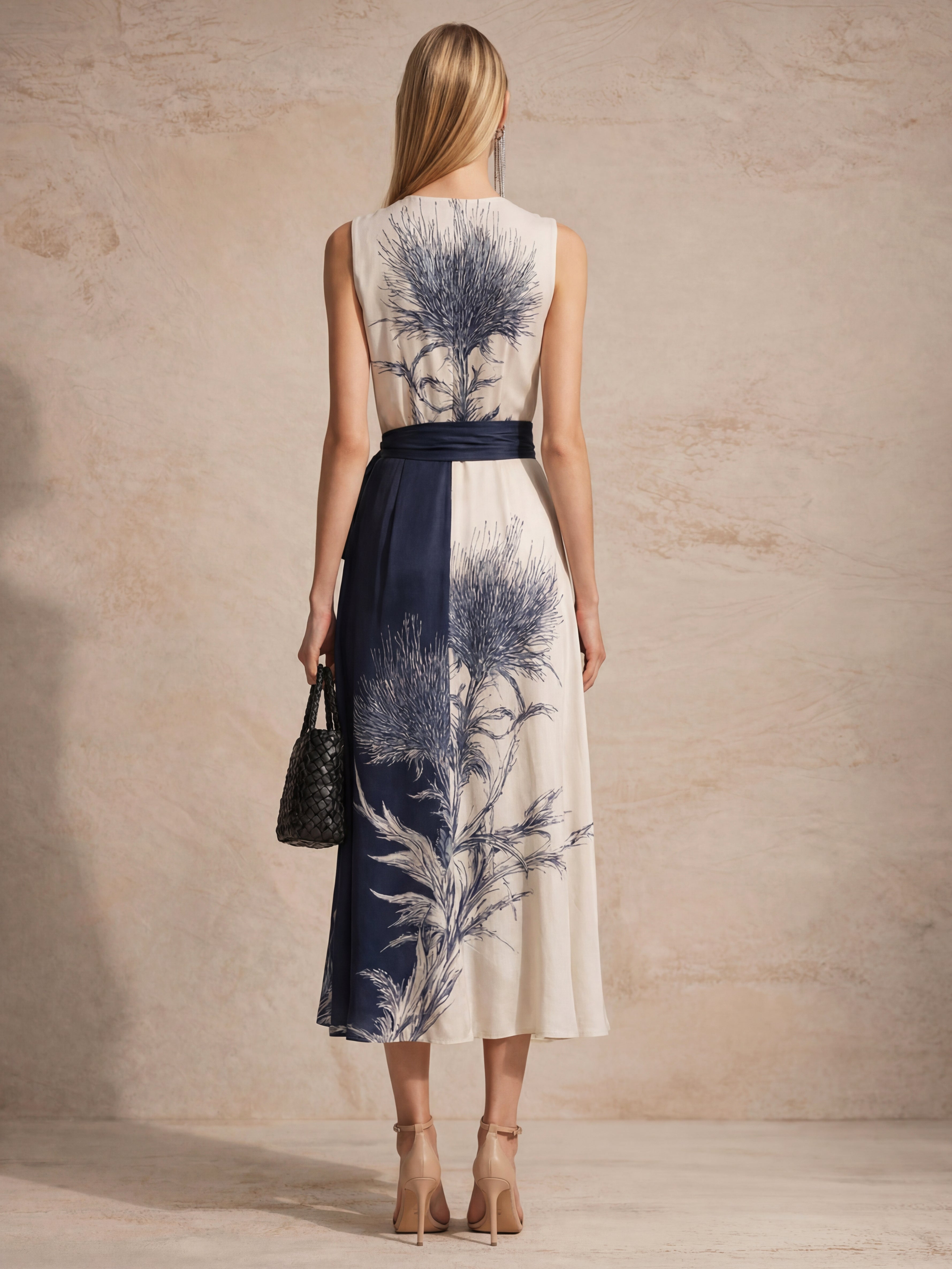 Liserie Satin Print Tie-Waist Sleeveless Midi Dress