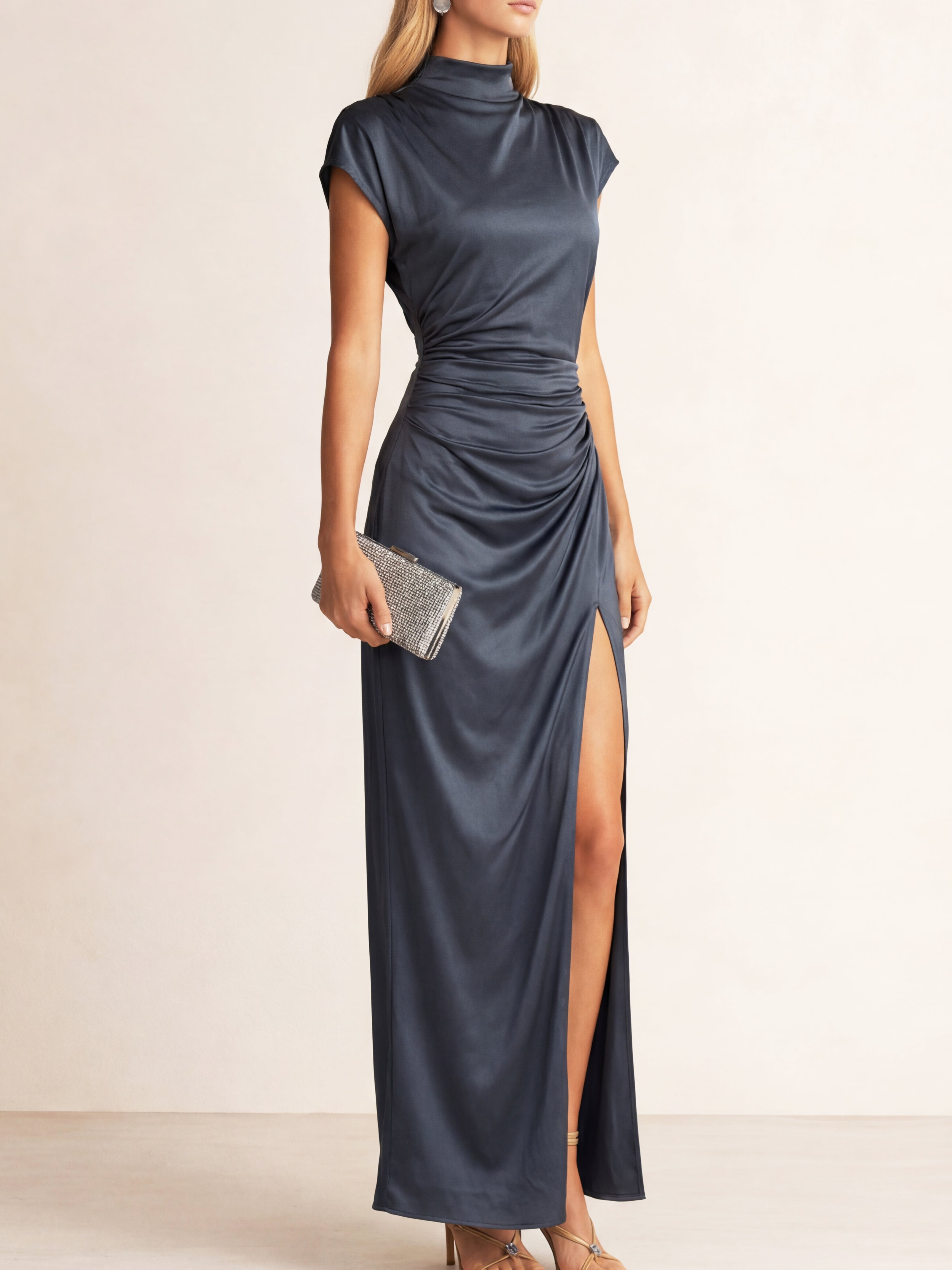 Liserie Satin Mock Neck Draped Split  Maxi Formal Dress