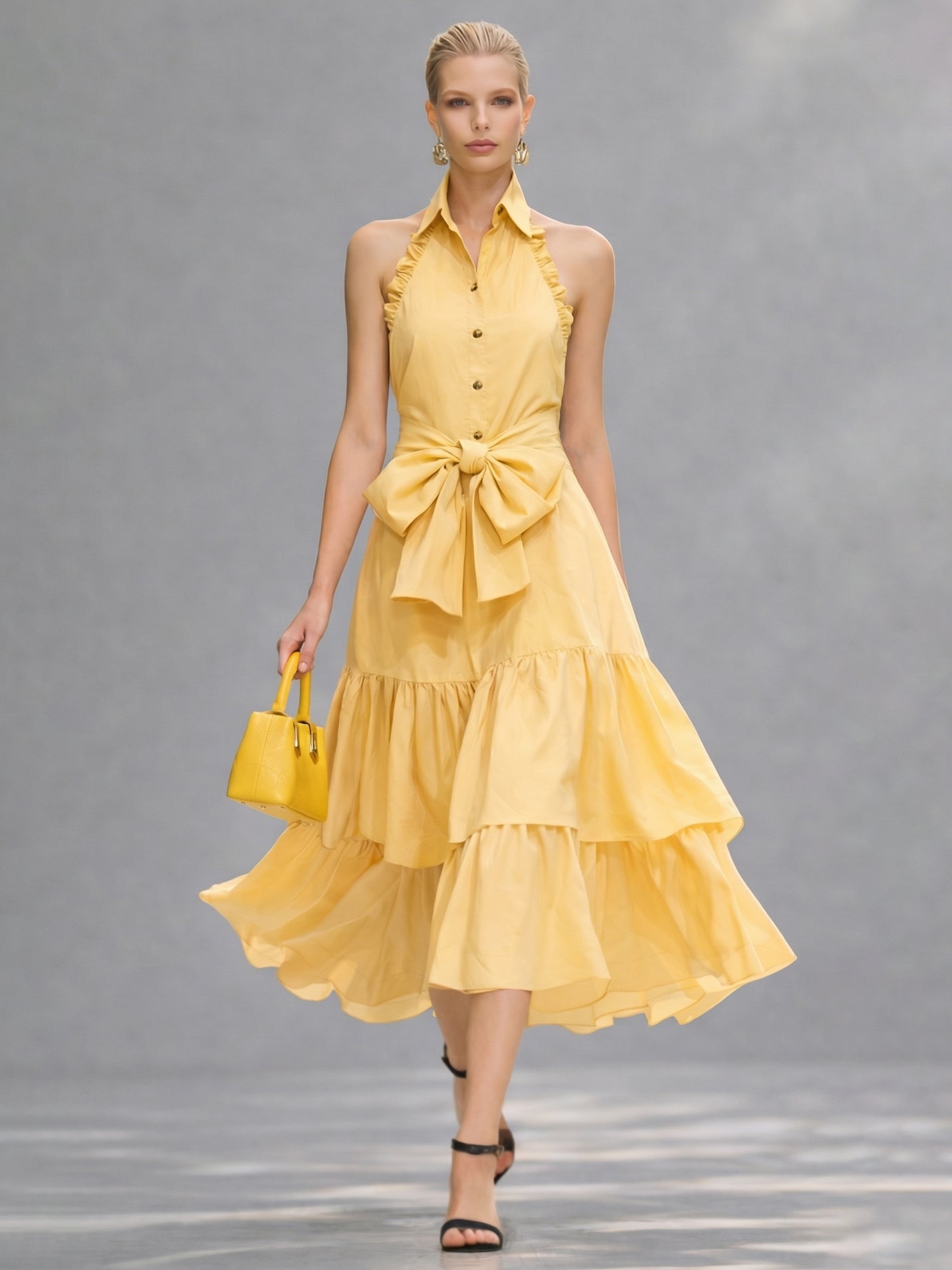 Liserie Cotton Ruffle Halter Tiered Midi Dress