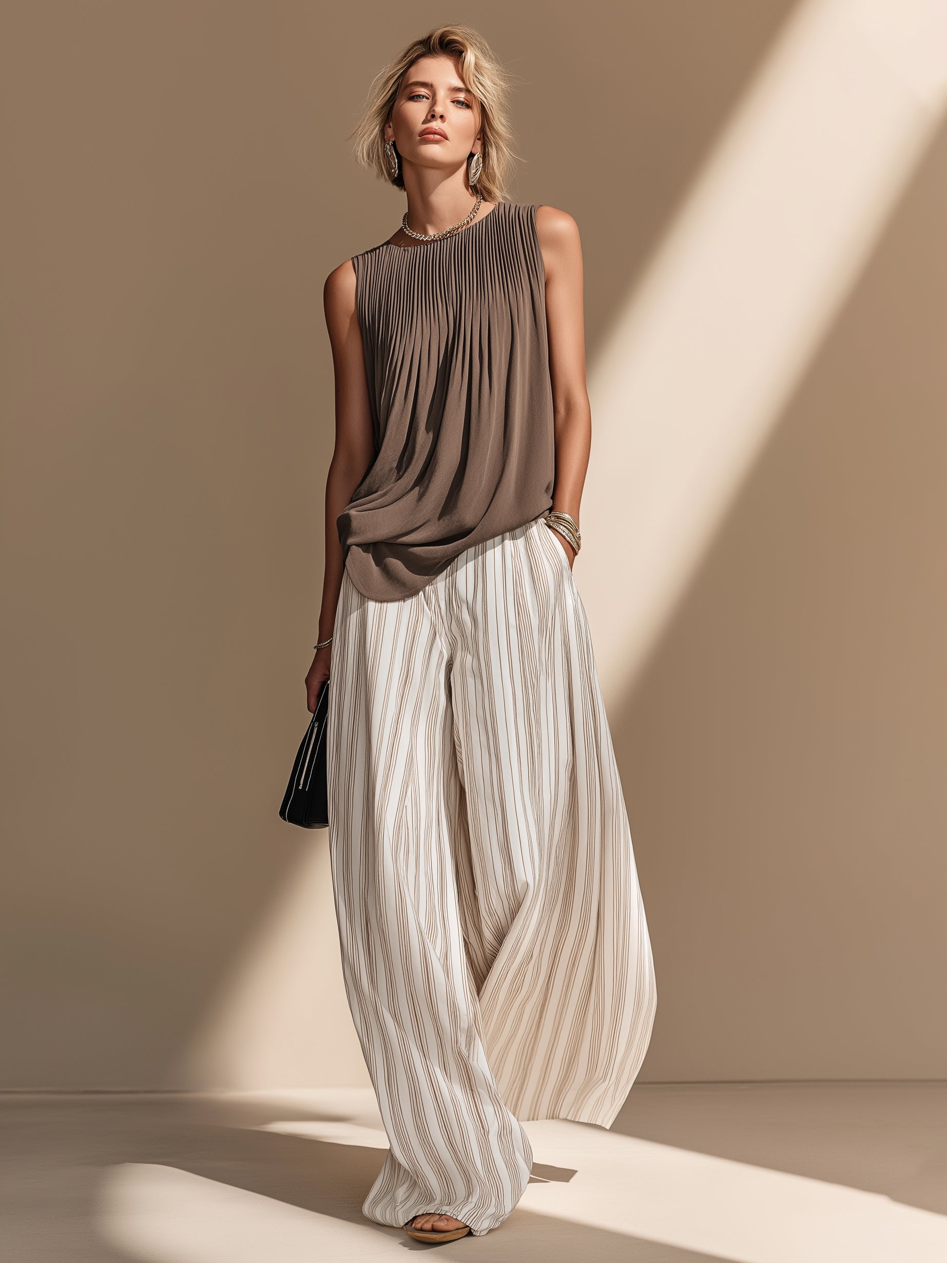 Liserie Pleated Sleeveless Top & Wide-Leg Trousers Set