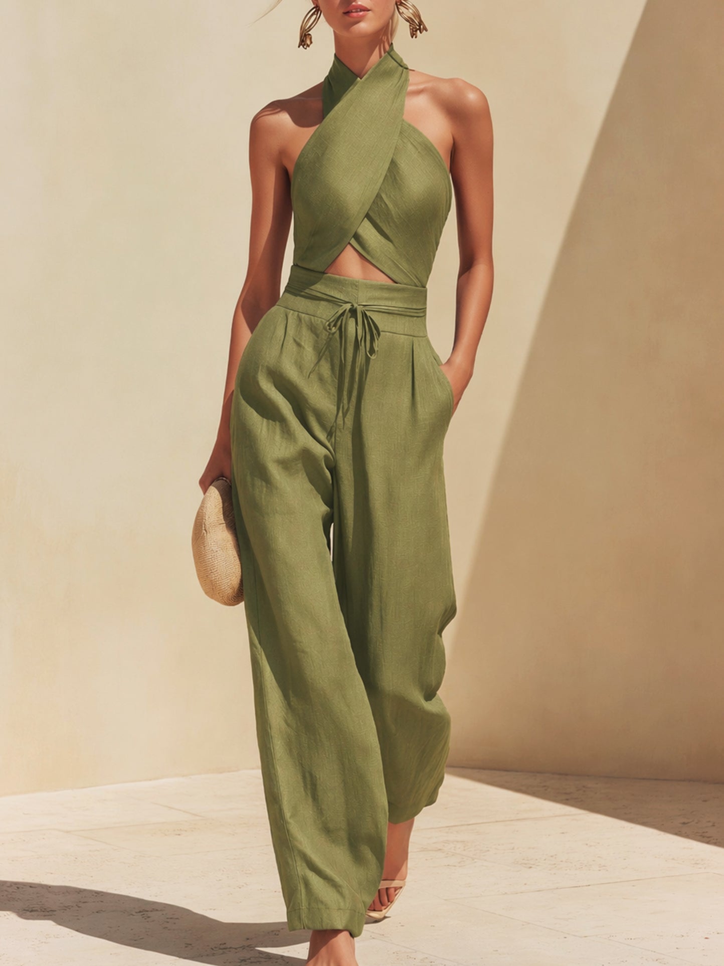 Liserie Linen Halter Neck Crop Top & Wide Leg Pants Set