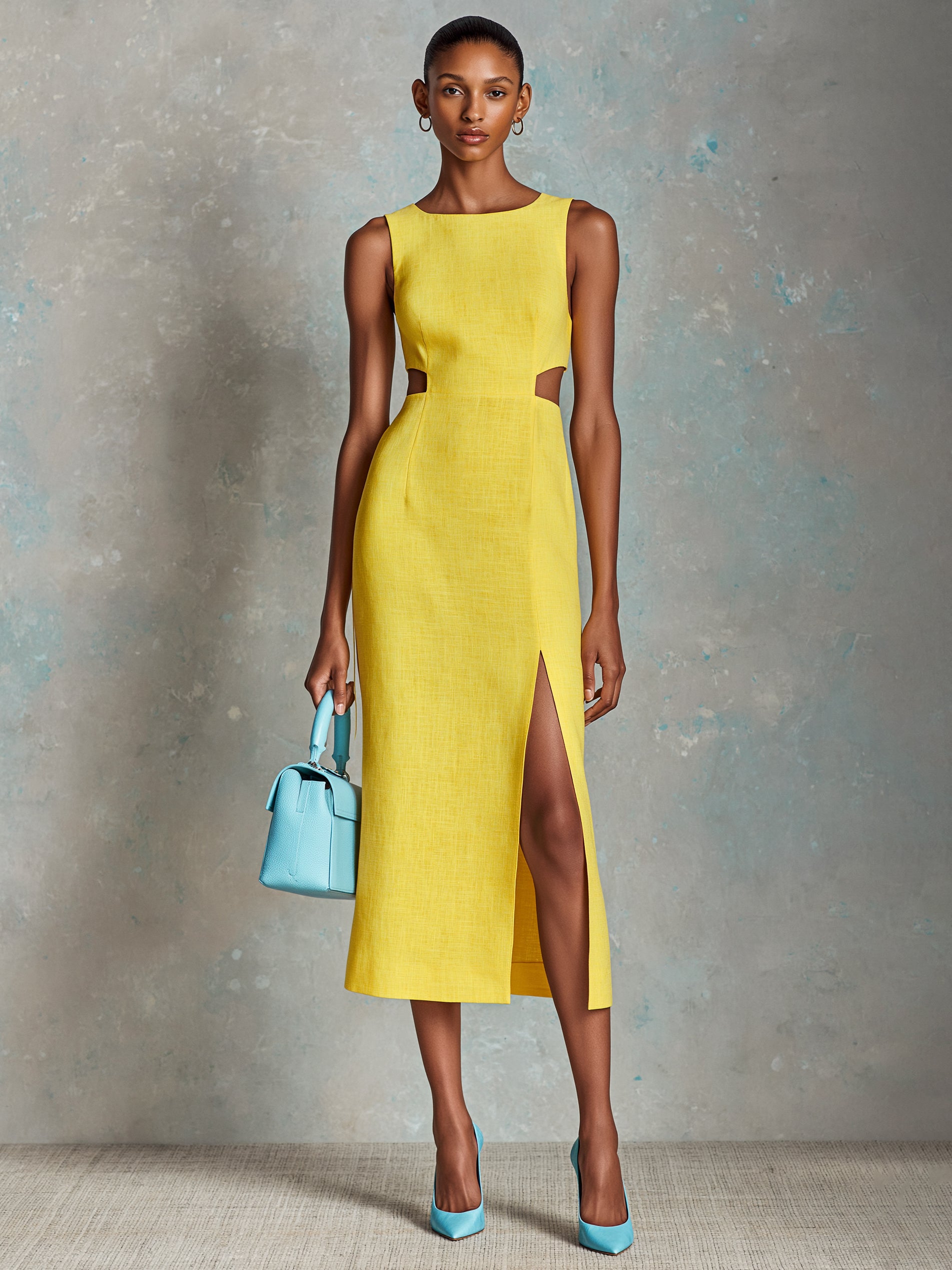 Liserie Linen Cutouts & Front Slit Midi Dress Liserie Linen Cutouts & Front Slit Midi Dress
