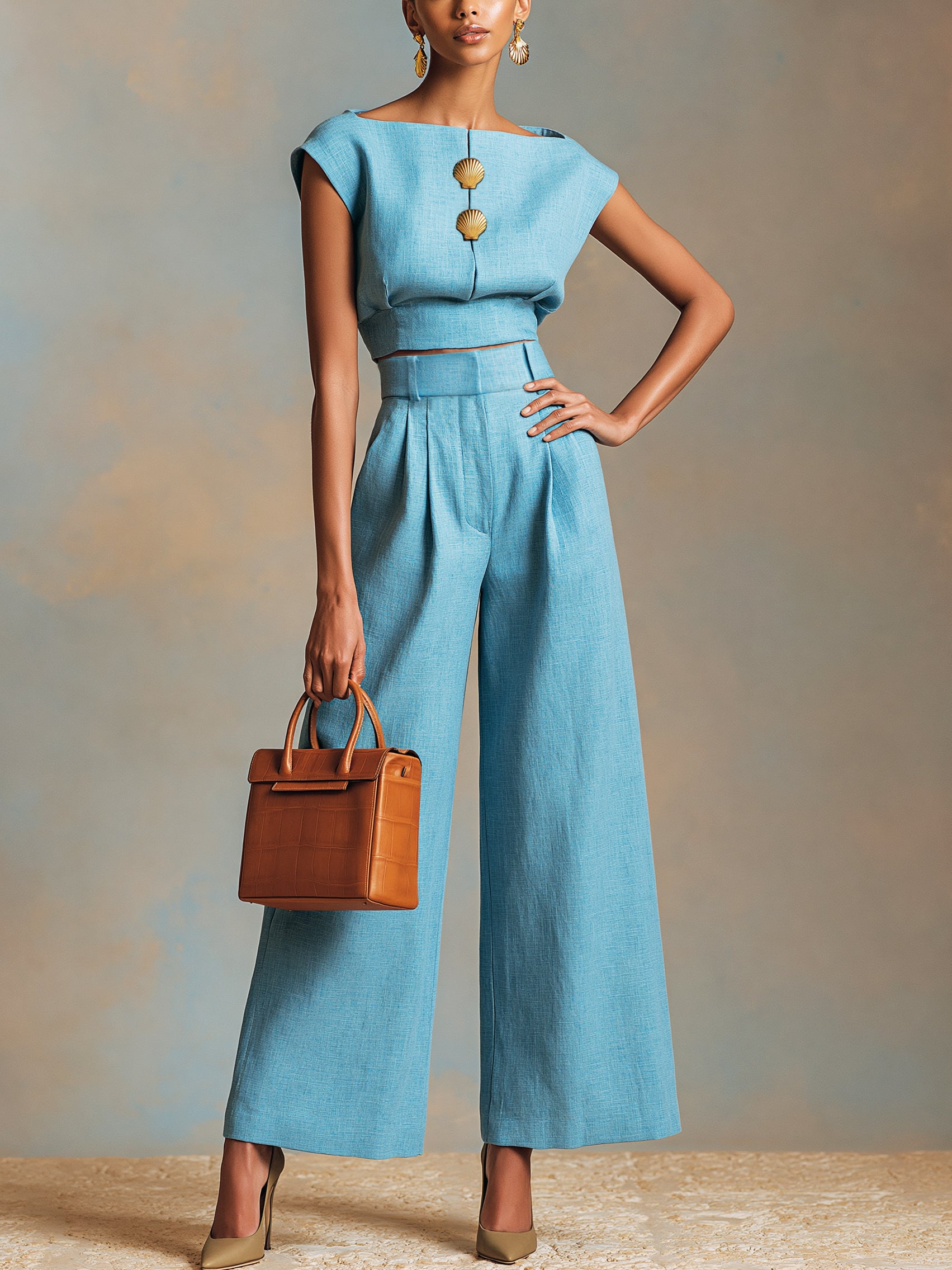 Liserie Light Blue Linen Two-Piece Co-Ord With Statement Buttons