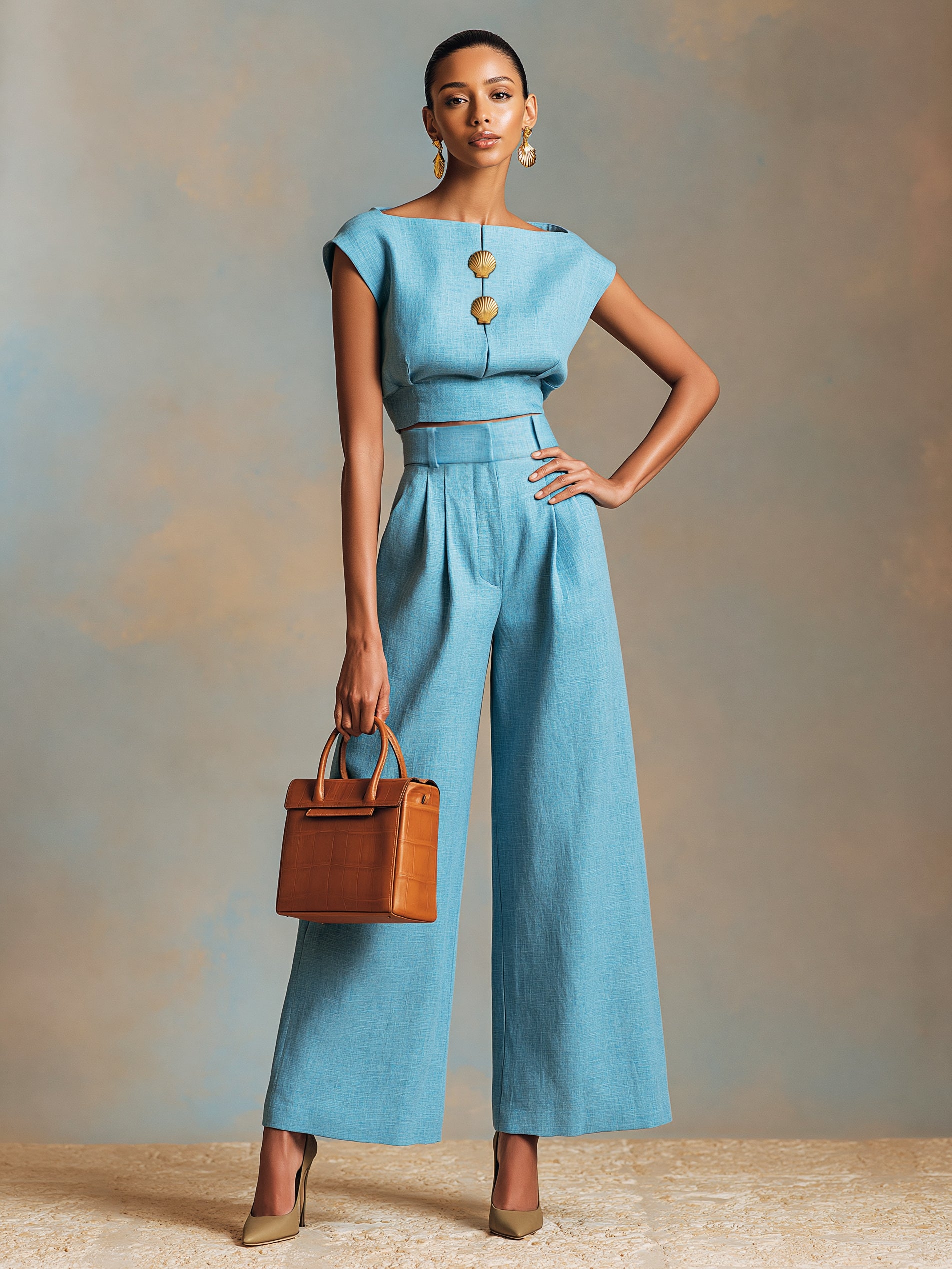 Liserie Light Blue Linen Two-Piece Co-Ord With Statement Buttons