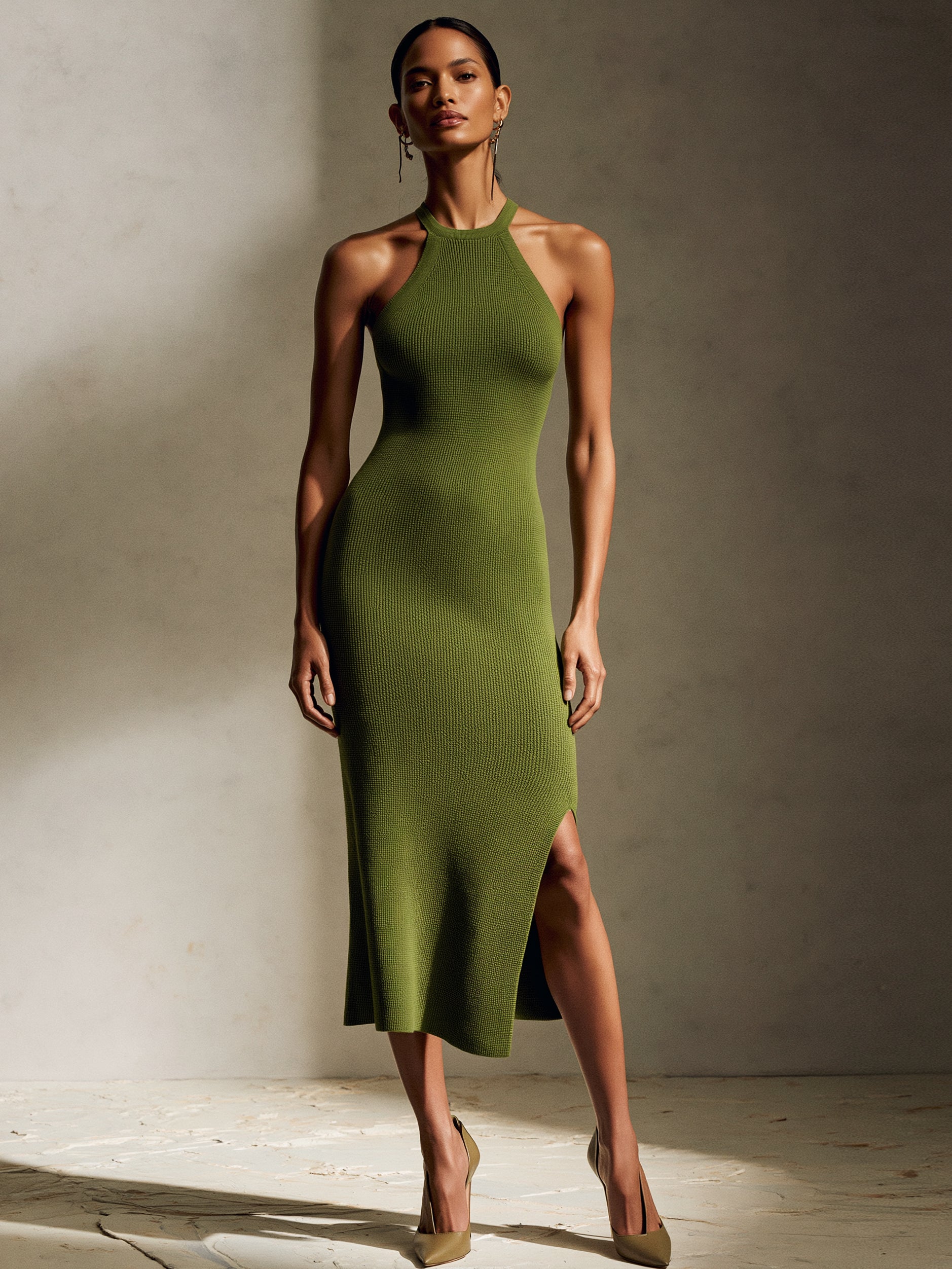Liserie Timeless Olive Green Halter Knit Midi Dress With Side Slit