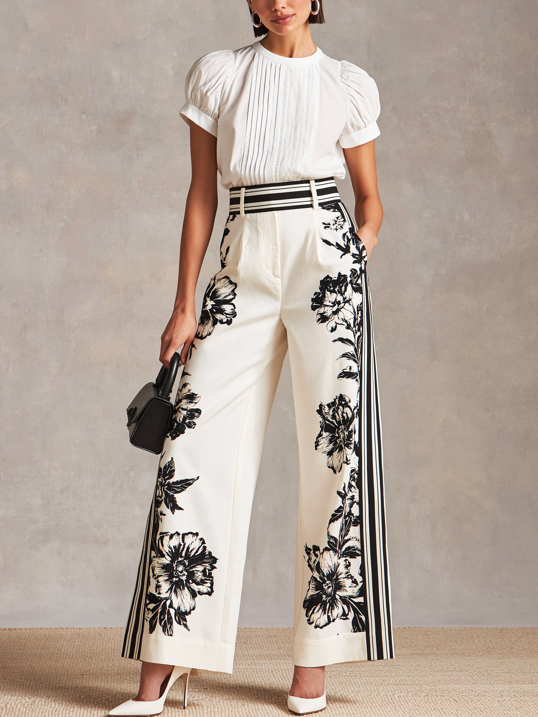 Liserie White Pleated Blouse & Floral Printed Wide Leg Pants Set
