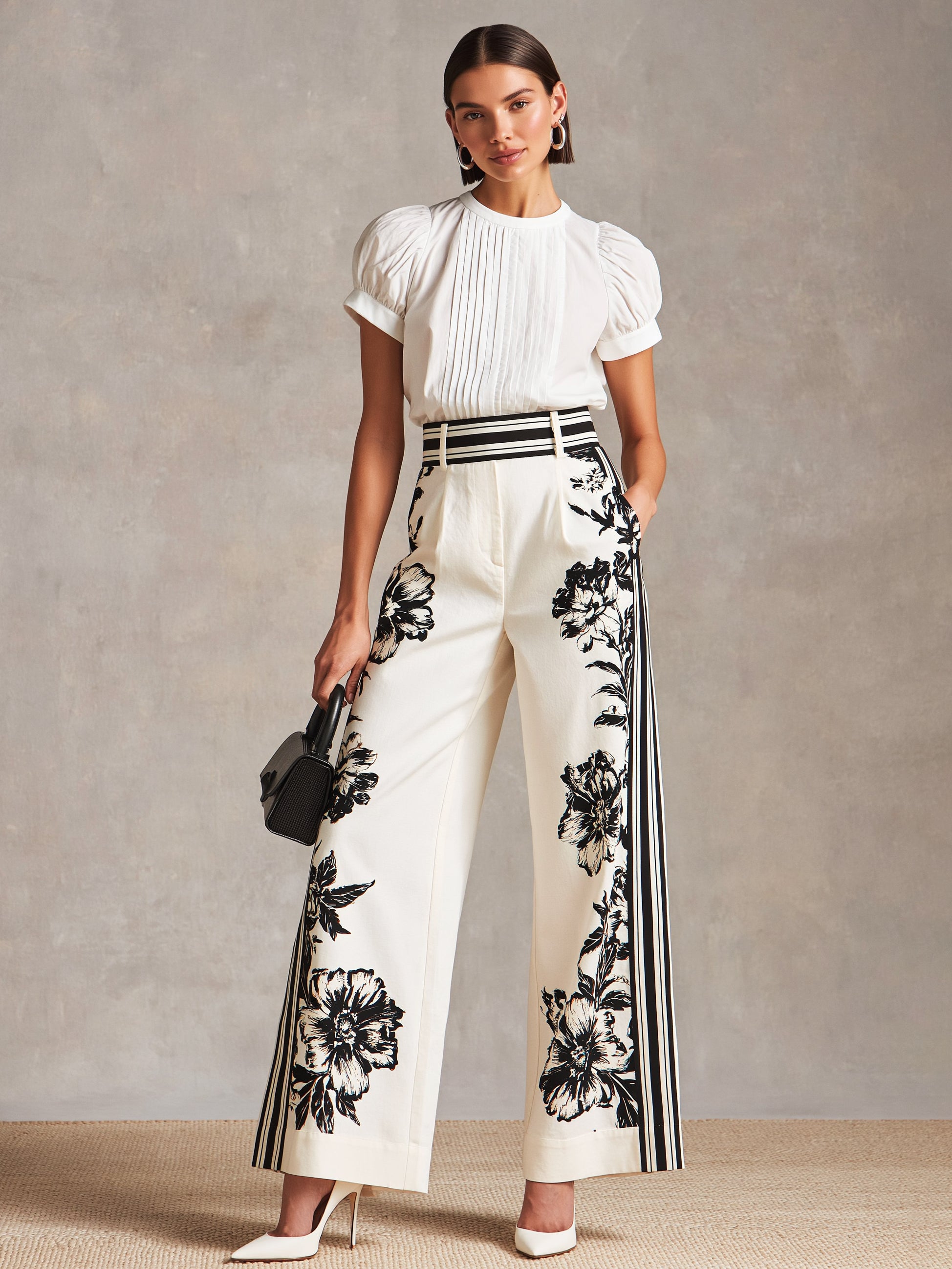 Liserie White Pleated Blouse & Floral Printed Wide Leg Pants Set