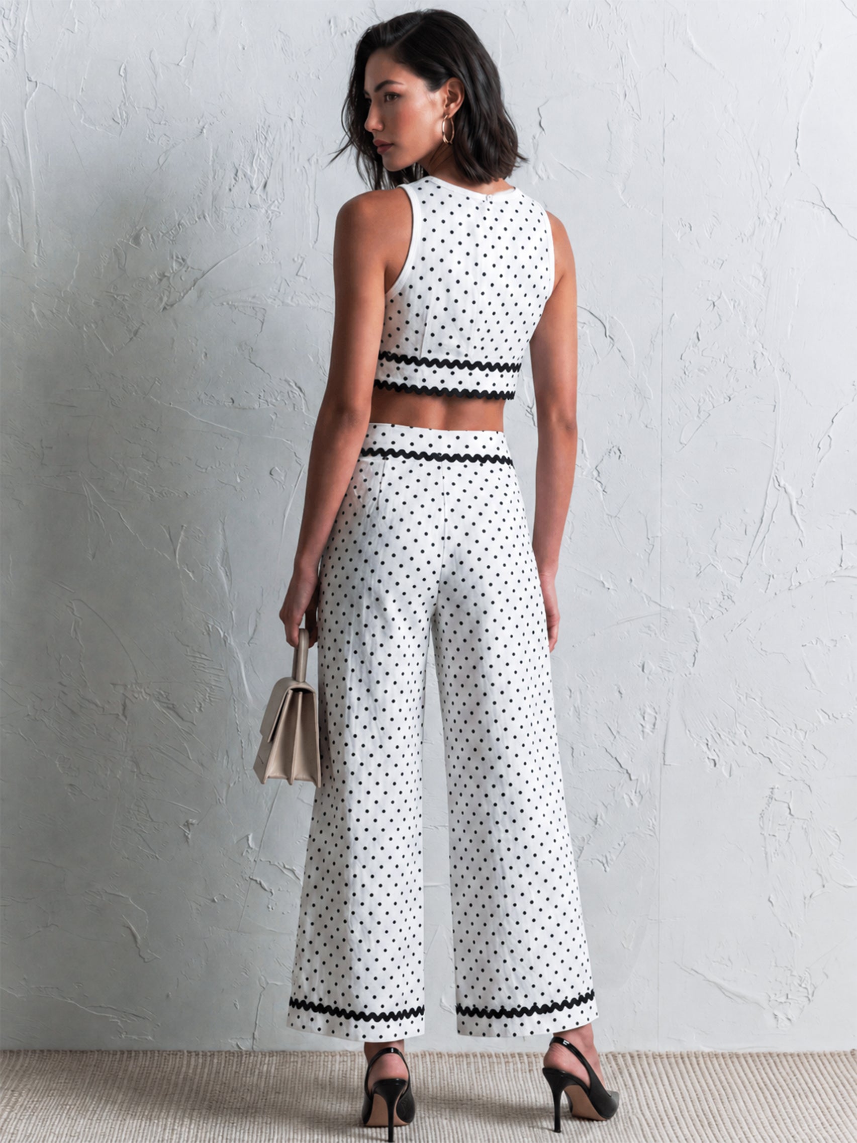 Liserie Polka Dot Co-Ord With Keyhole Crop Top & Wide Leg Trousers