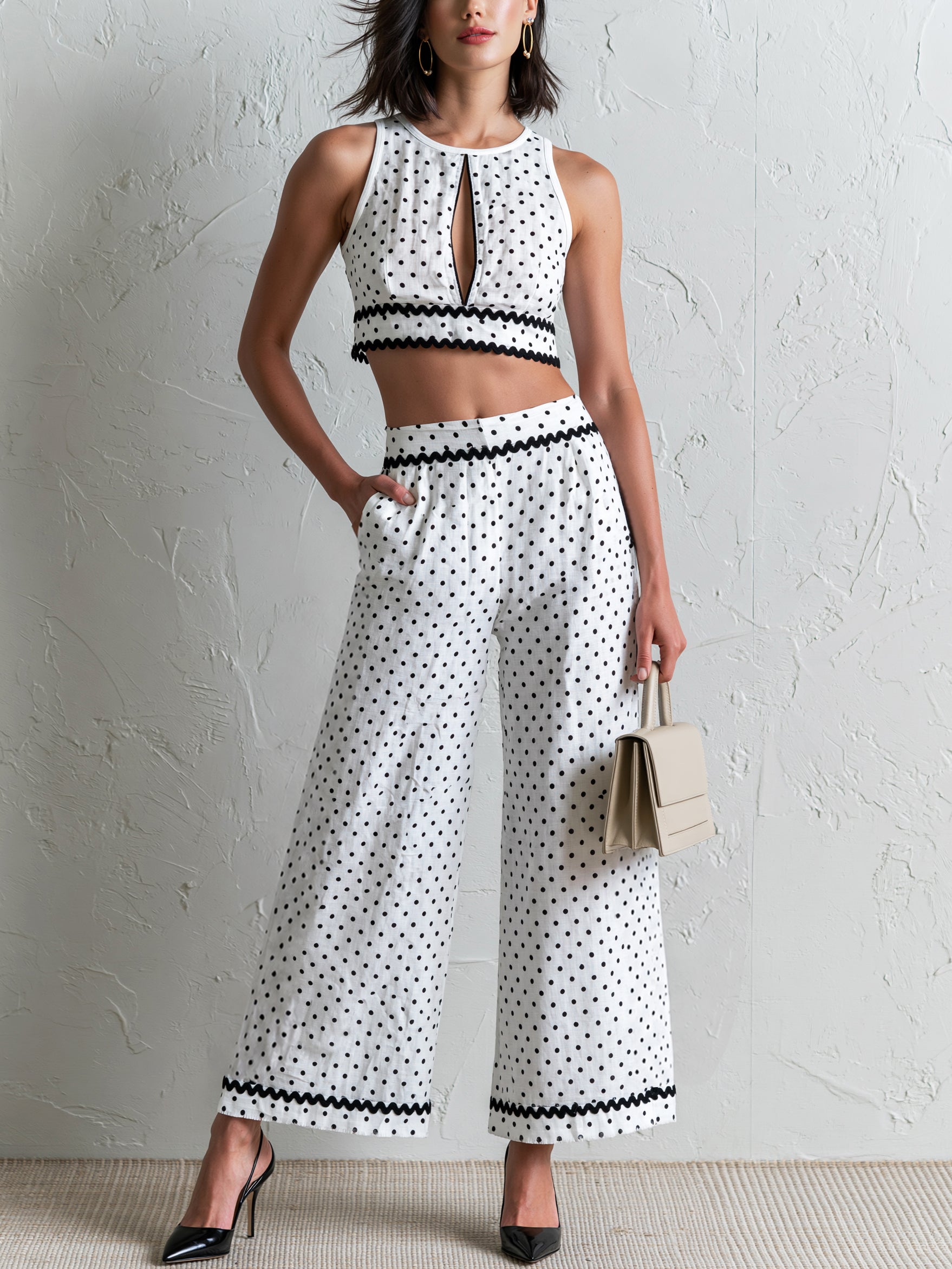 Liserie Polka Dot Co-Ord With Keyhole Crop Top & Wide Leg Trousers