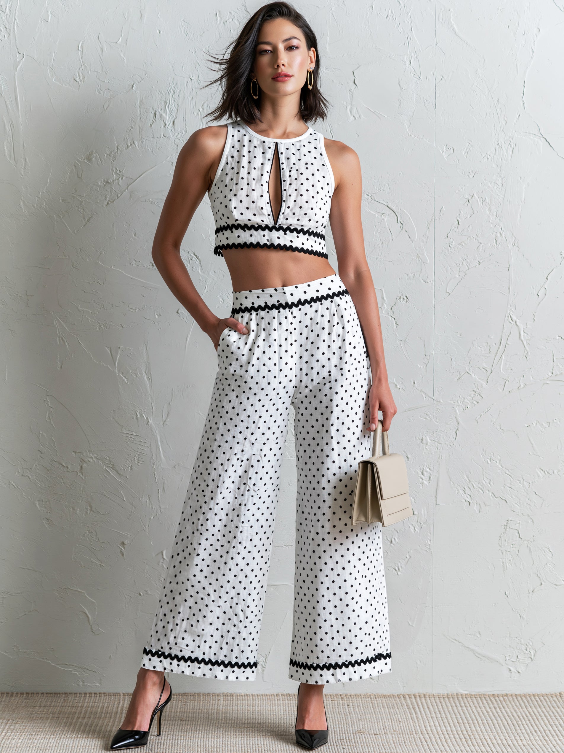Liserie Polka Dot Co-Ord With Keyhole Crop Top & Wide Leg Trousers