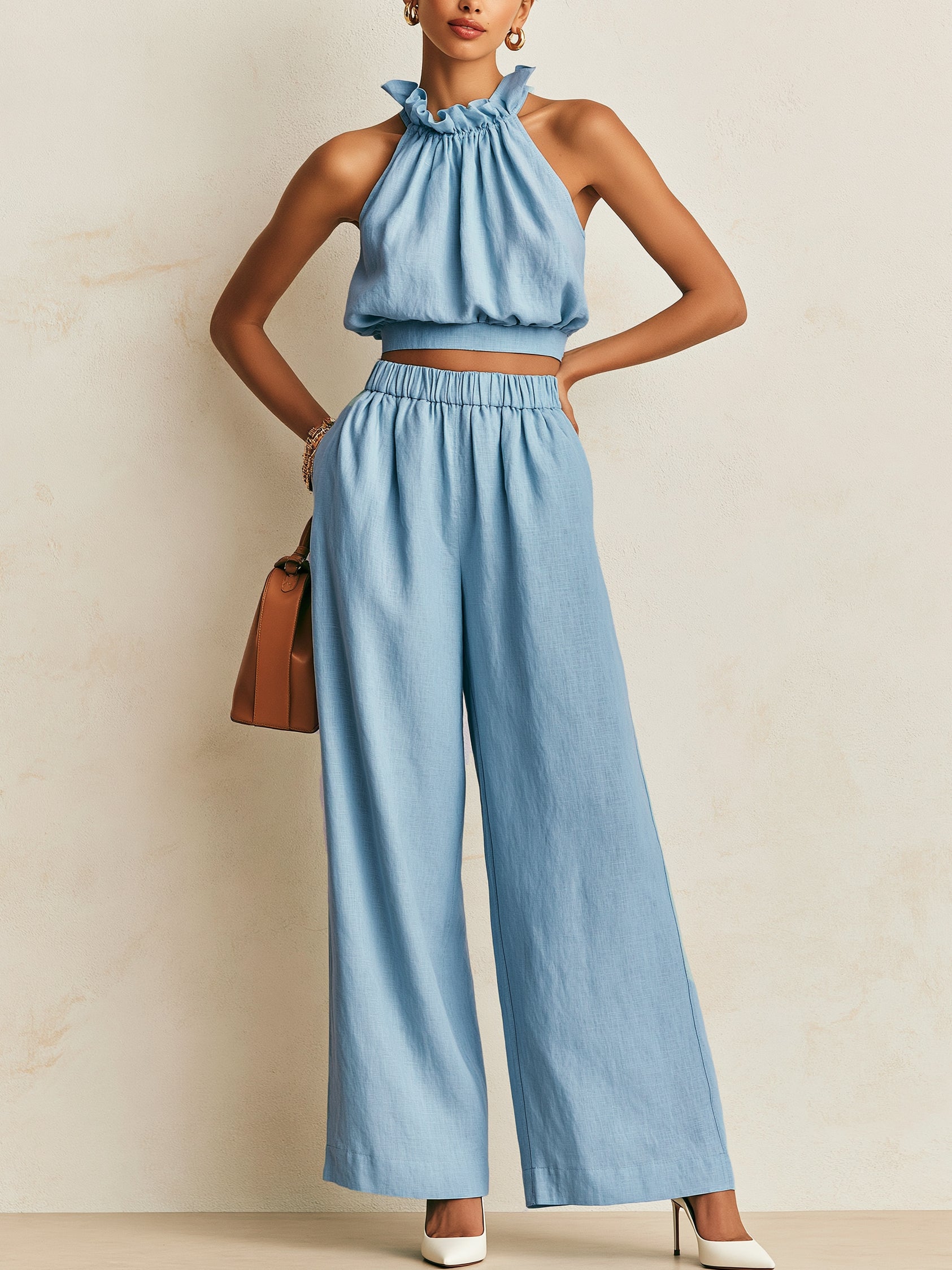 Liserie Light Blue Ruffled Halter Top & Elastic Waist Wide Leg Trousers Set