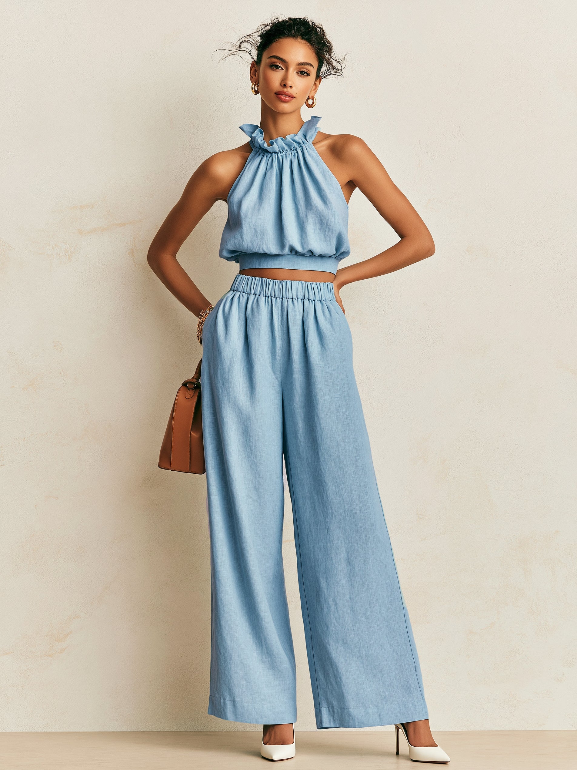 Liserie Light Blue Ruffled Halter Top & Elastic Waist Wide Leg Trousers Set
