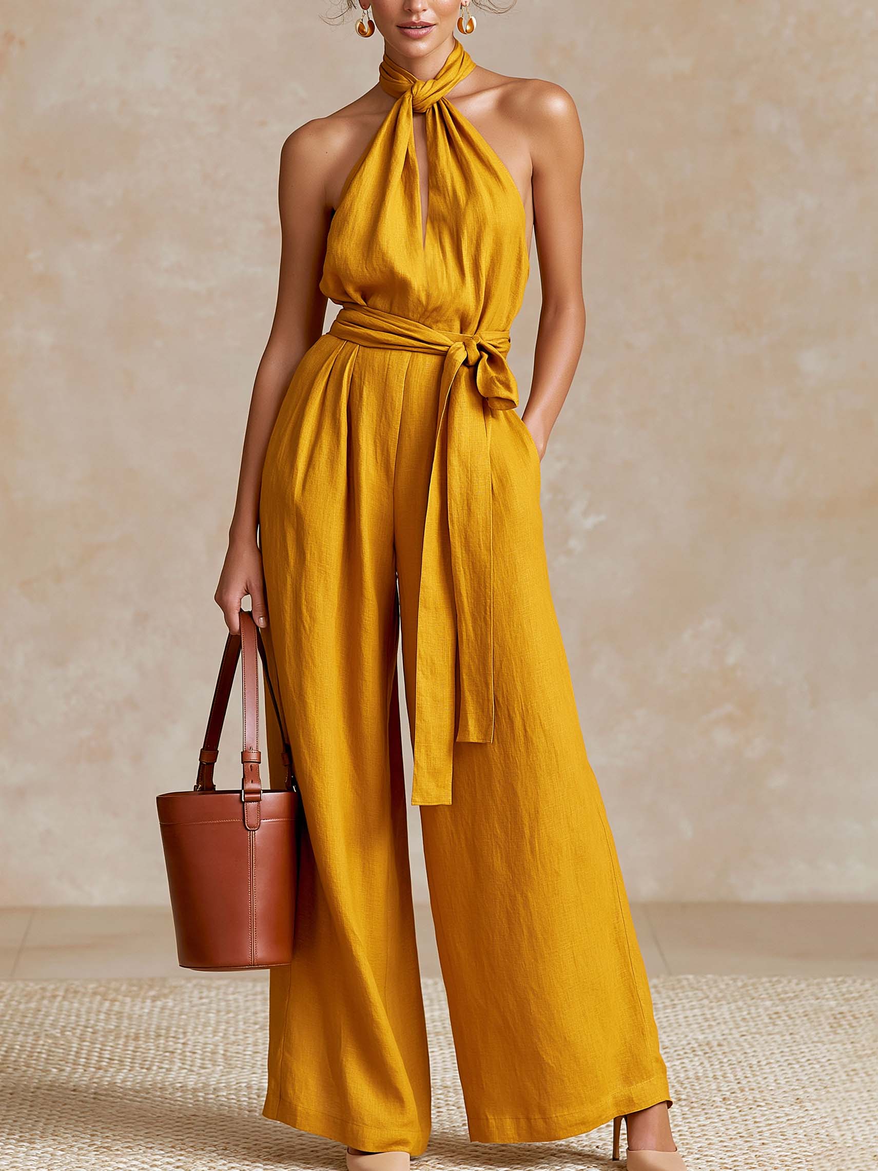 Liserie Linen Yellow Halter Jumpsuit With Self-Tie Neck & Waist Sash