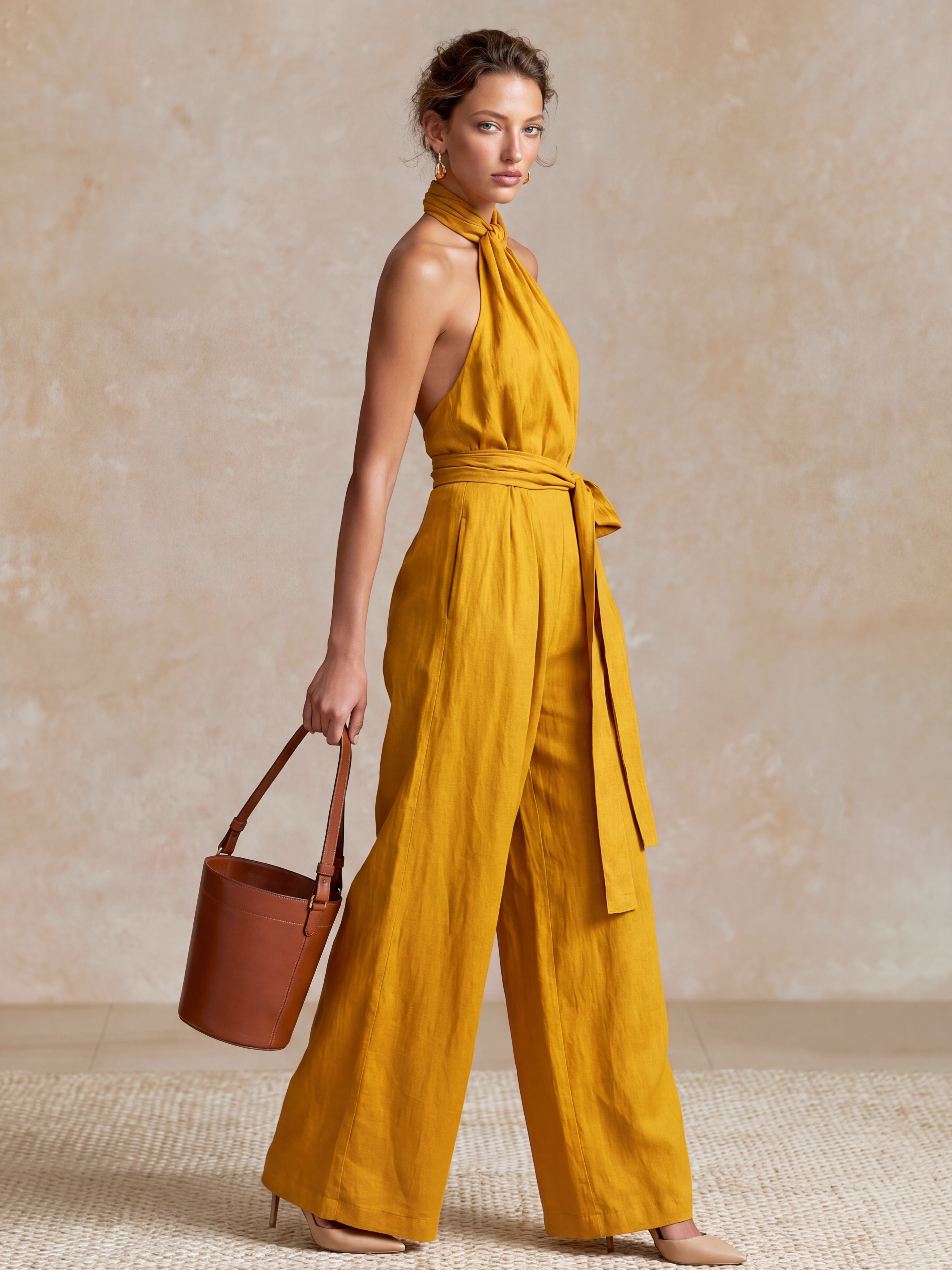 Liserie Linen Yellow Halter Jumpsuit With Self-Tie Neck & Waist Sash