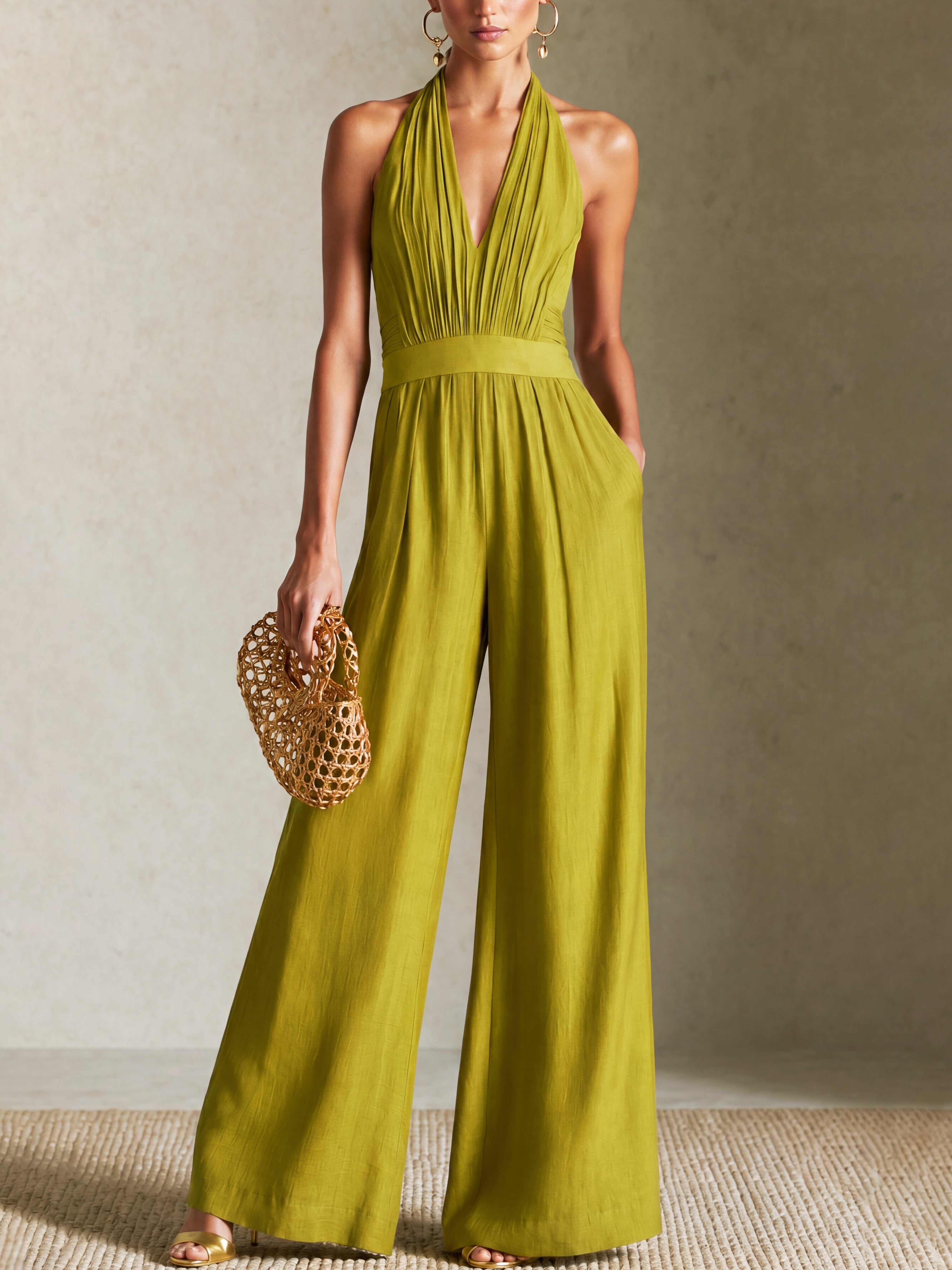 Liserie Linen Olive Green Halter Neck Wide-Leg Jumpsuit