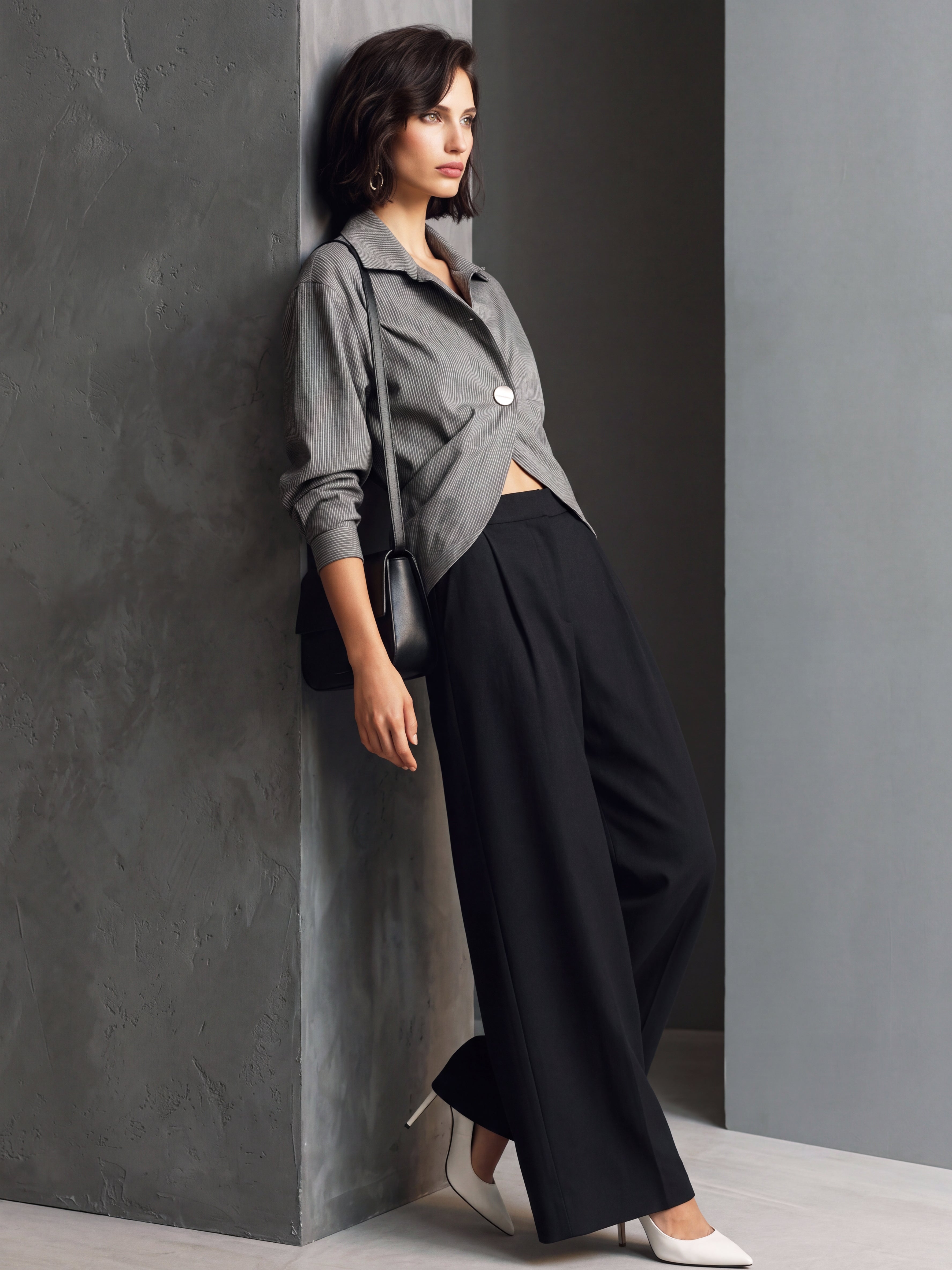 Liserie Tailored Grey Pinstripe Blouse & Black Wide Leg Trousers Casual Set