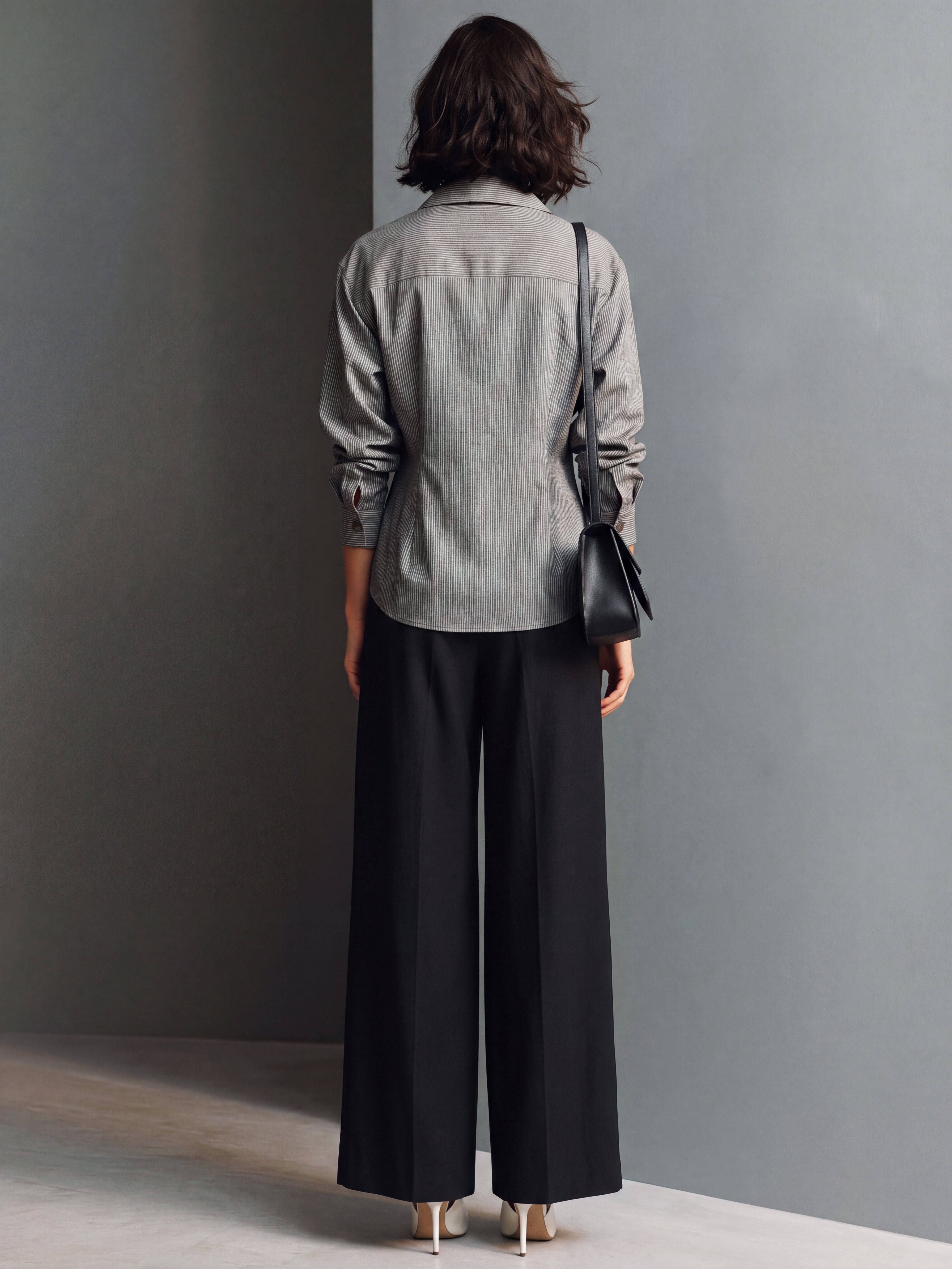Liserie Tailored Grey Pinstripe Blouse & Black Wide Leg Trousers Casual Set