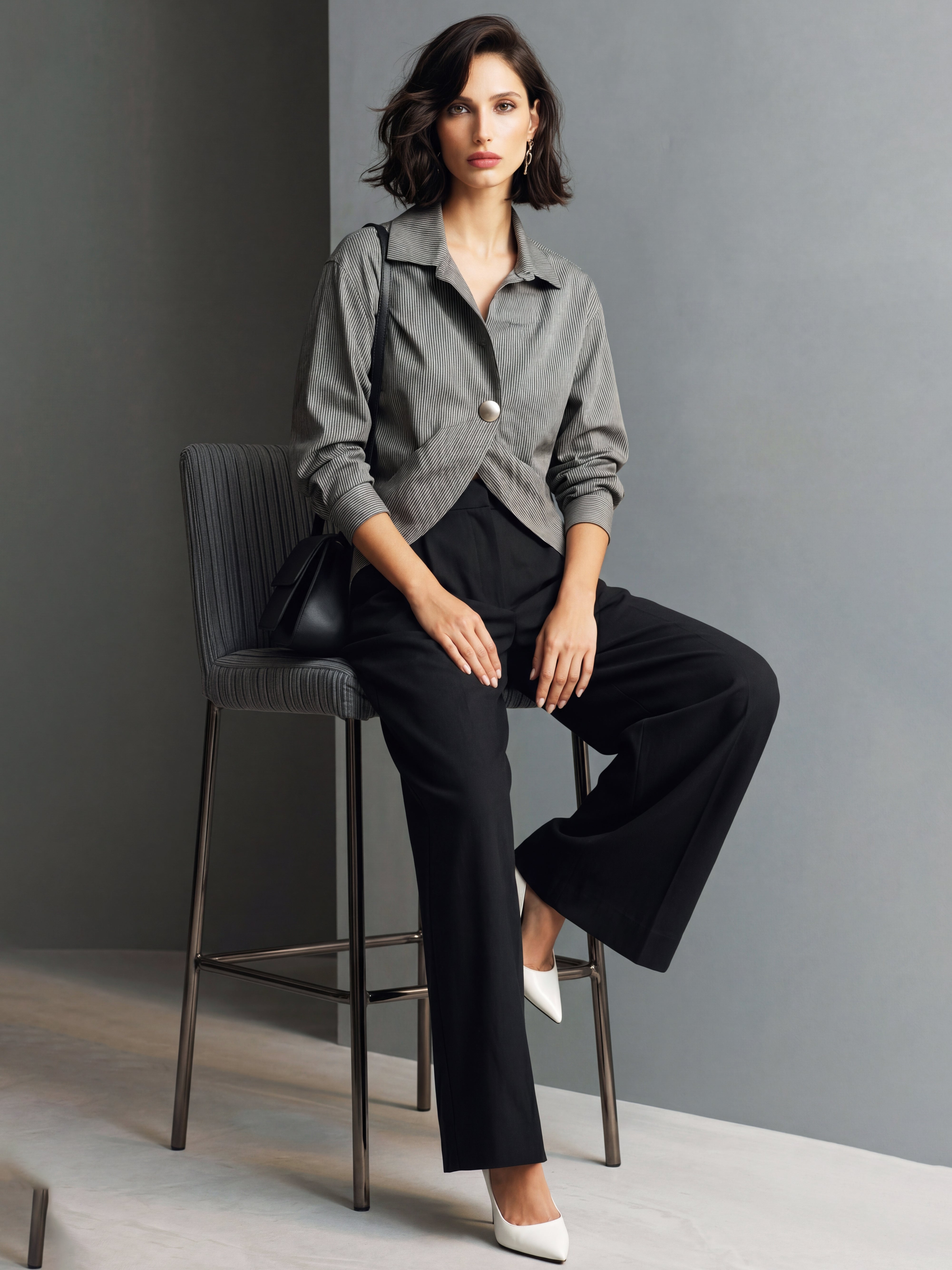 Liserie Tailored Grey Pinstripe Blouse & Black Wide Leg Trousers Casual Set
