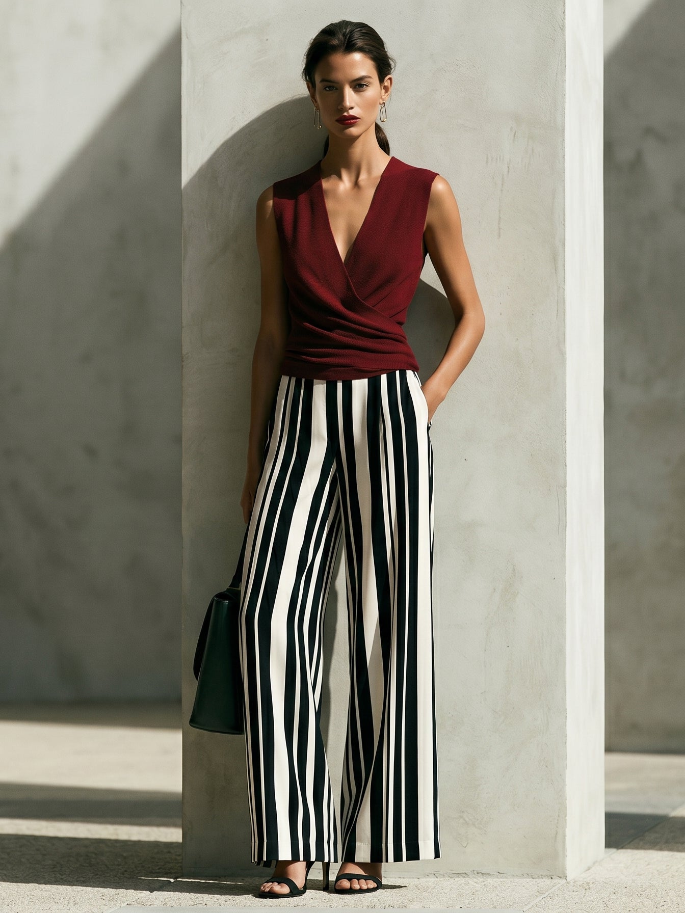 Liserie Elegant Deep Burgundy Wrap Knit Top & Striped Wide-Leg Pants Set