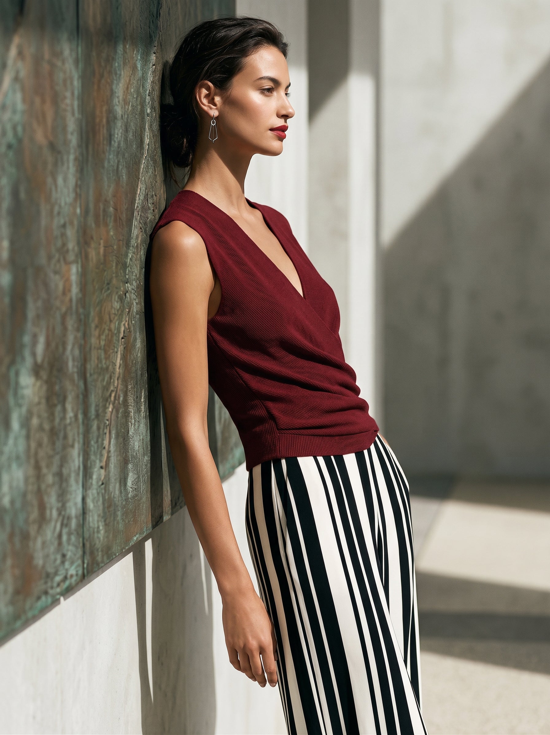 Liserie Elegant Deep Burgundy Wrap Knit Top & Striped Wide-Leg Pants Set
