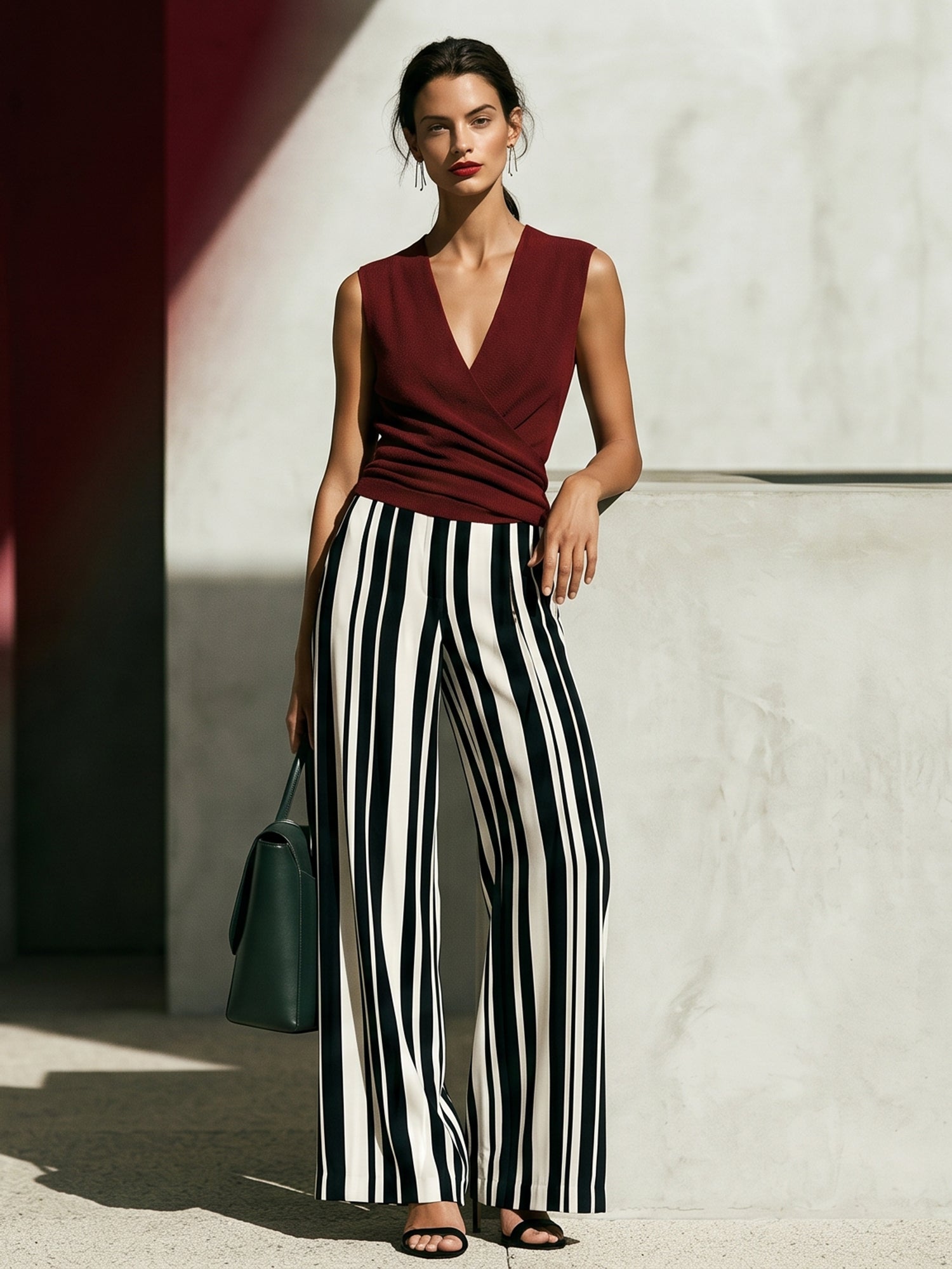 Liserie Elegant Deep Burgundy Wrap Knit Top & Striped Wide-Leg Pants Set
