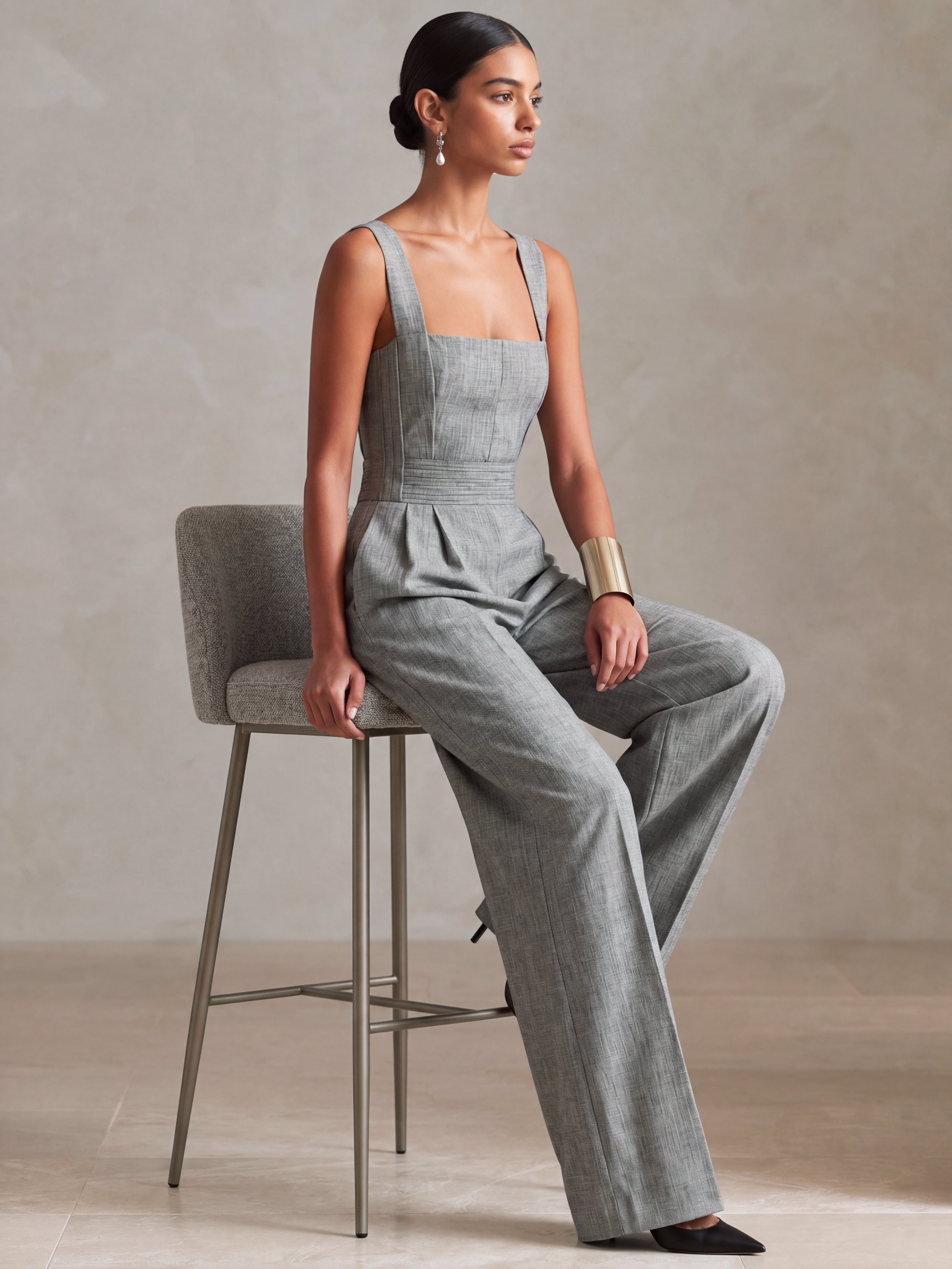 Liserie Linen Tailored Grey Jumpsuit With Pockets