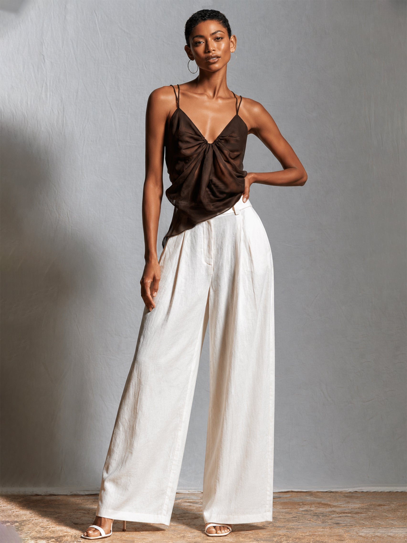 Liserie Chiffon Chocolate Cami Top & Linen White Wide Leg Pants Set
