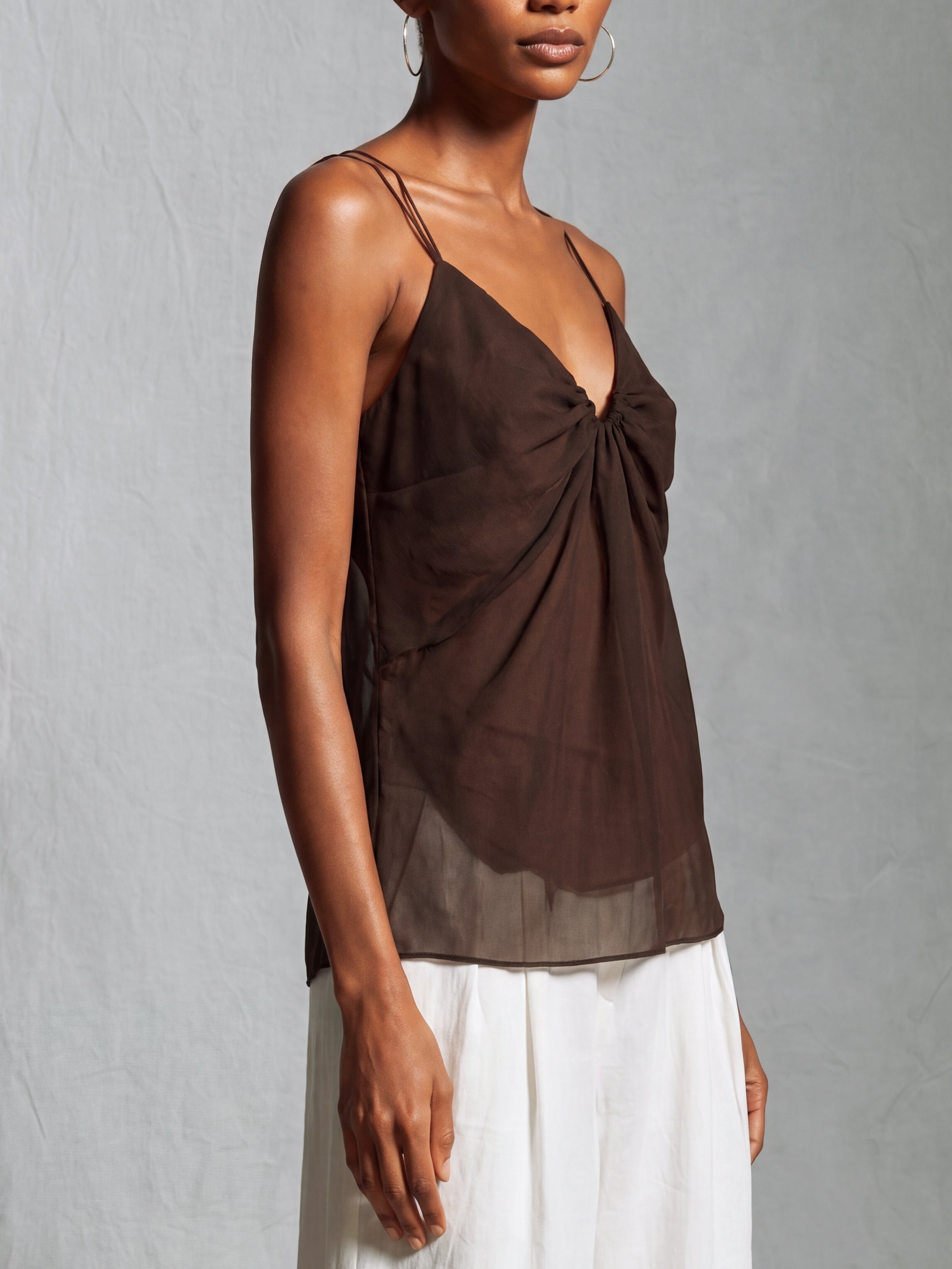 Liserie Chiffon Chocolate Cami Top & Linen White Wide Leg Pants Set
