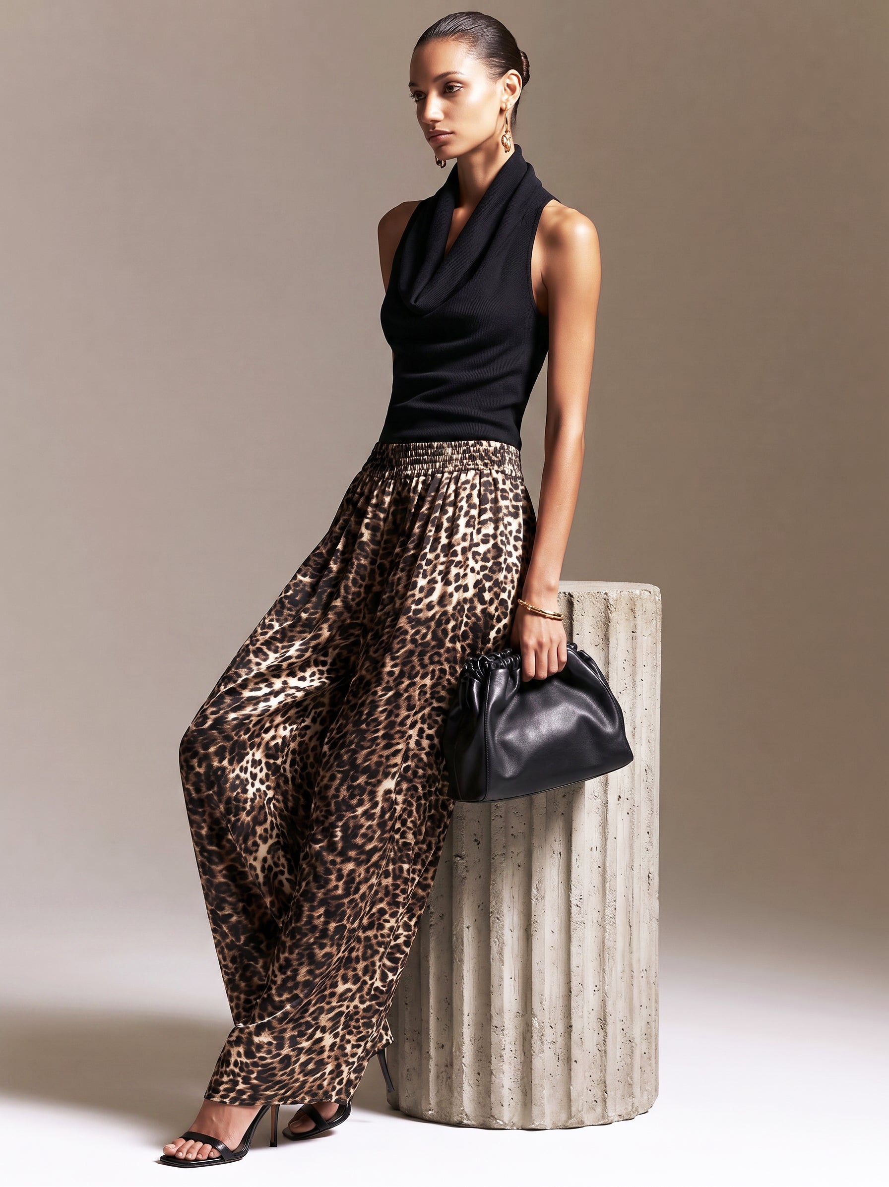 Liserie Leopard Print Satin Wide-Leg Trousers & Knitted Halter Top Set