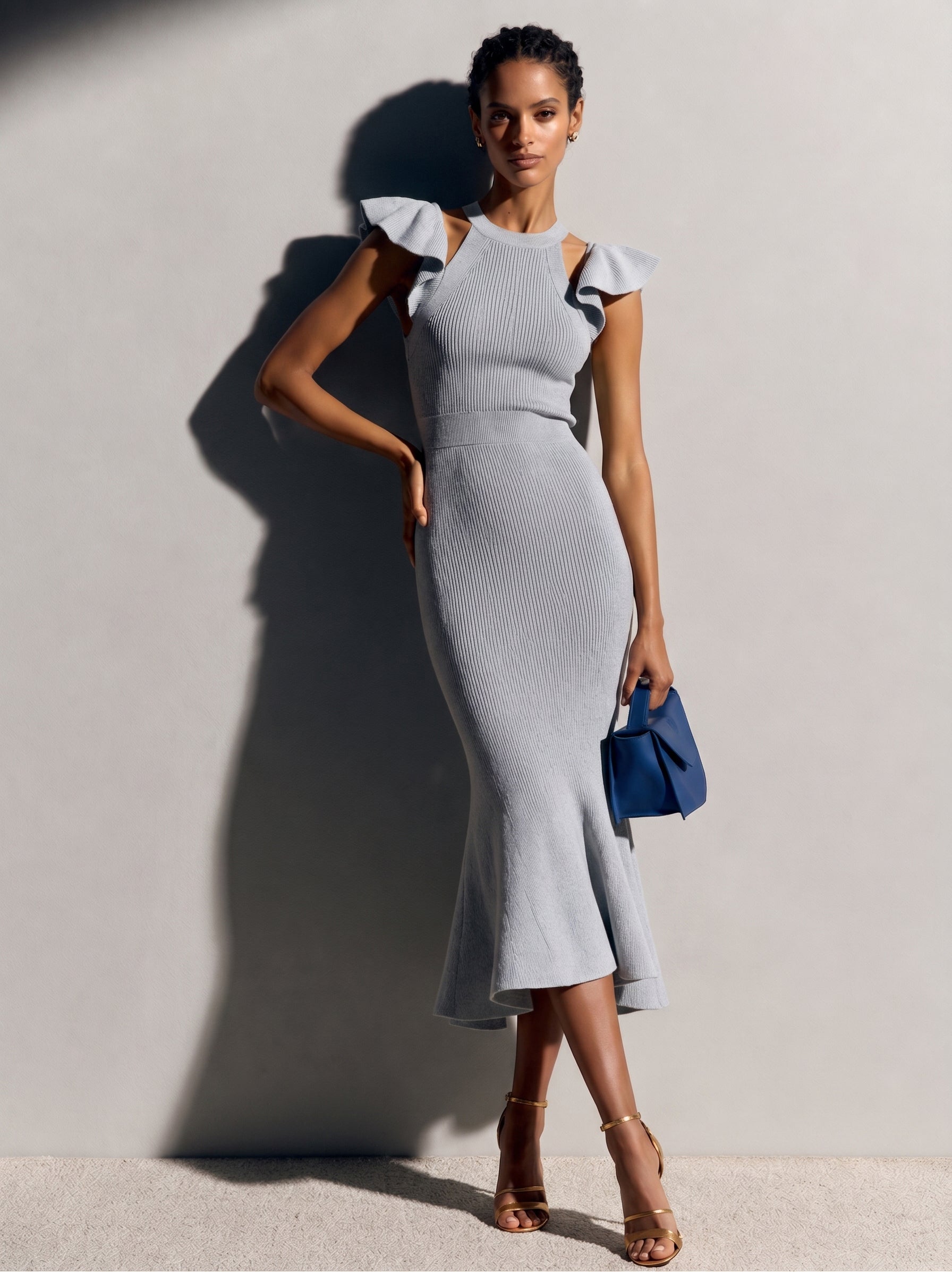 Liserie Cloud-Grey Blue | Openwork | Ruffled-Shoulder Knitted Dress