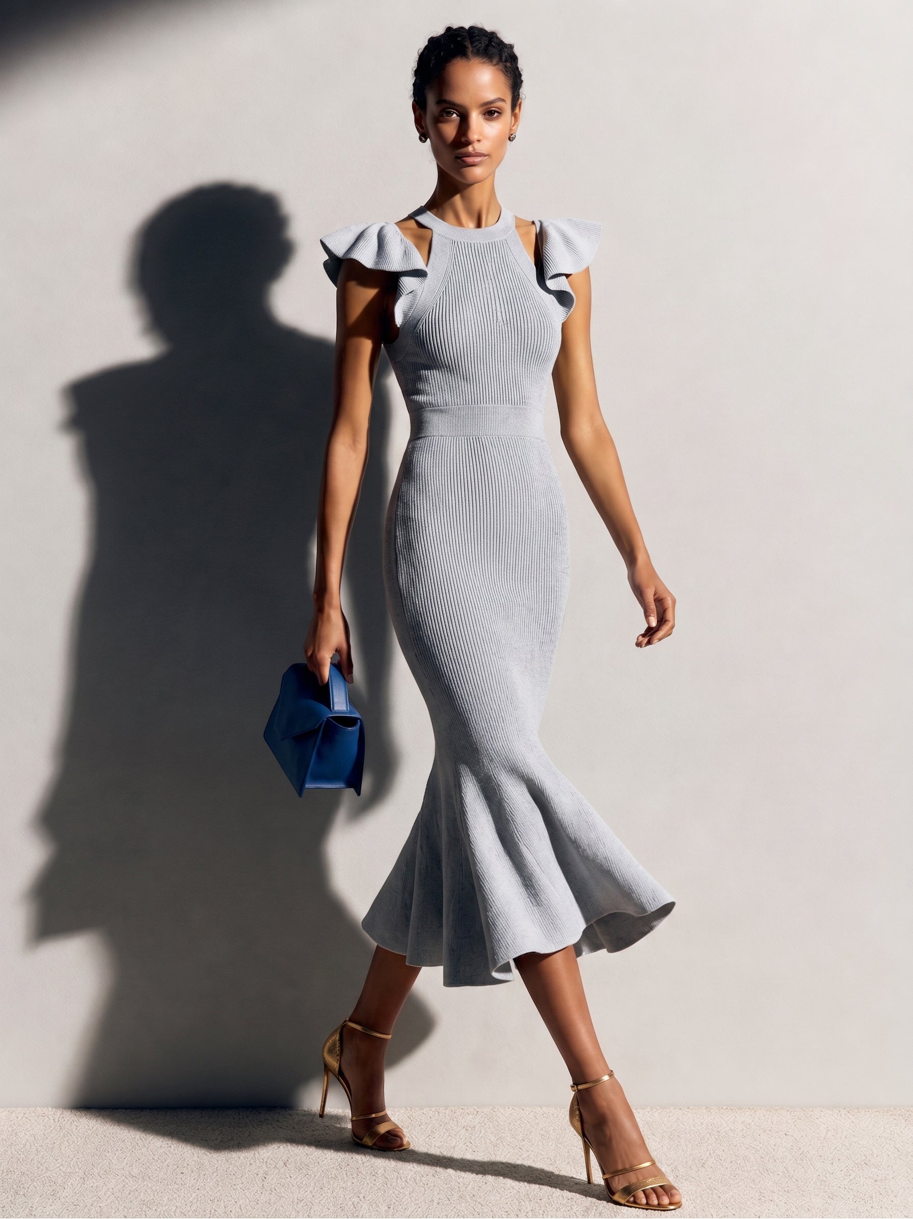 Liserie Cloud-Grey Blue | Openwork | Ruffled-Shoulder Knitted Dress