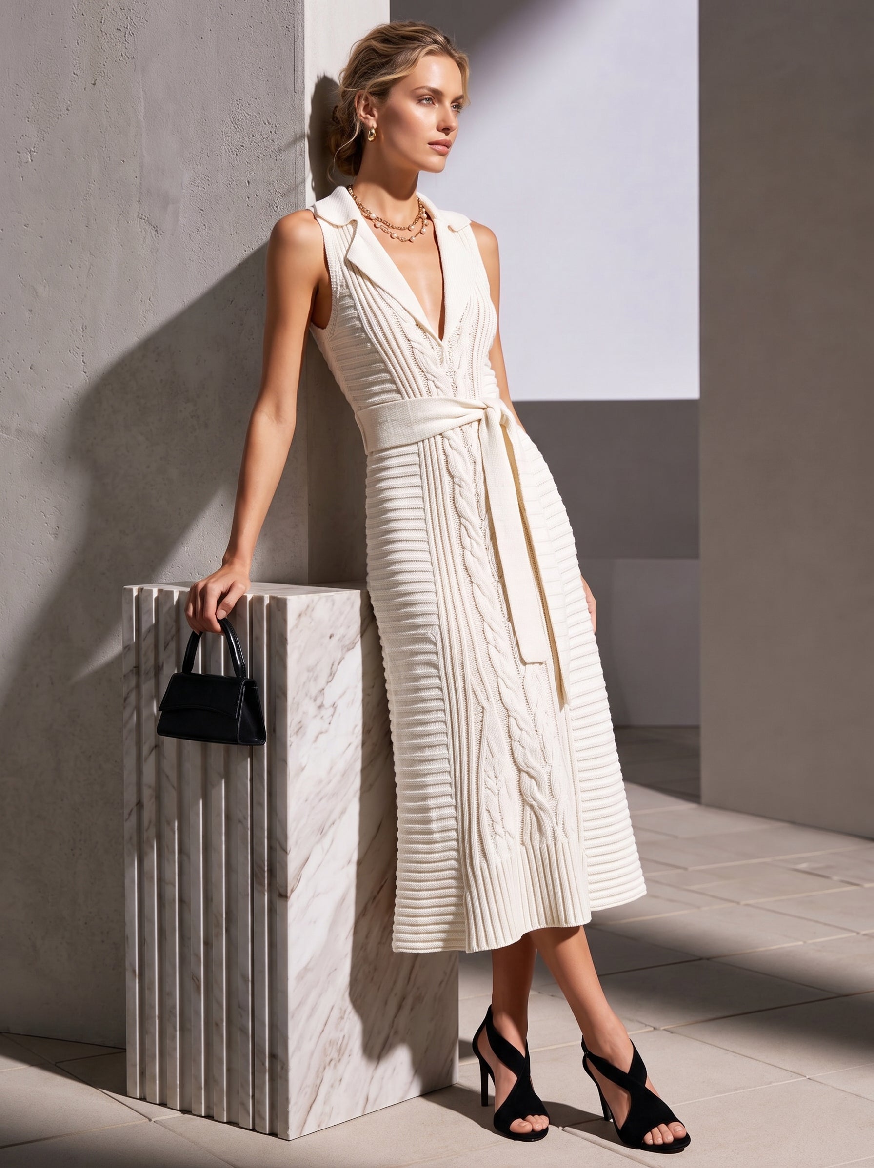 Liserie "Cloud Mist" Ivory White | Textured Cable Knit | French-Inspired Light Luxury Knit Dress